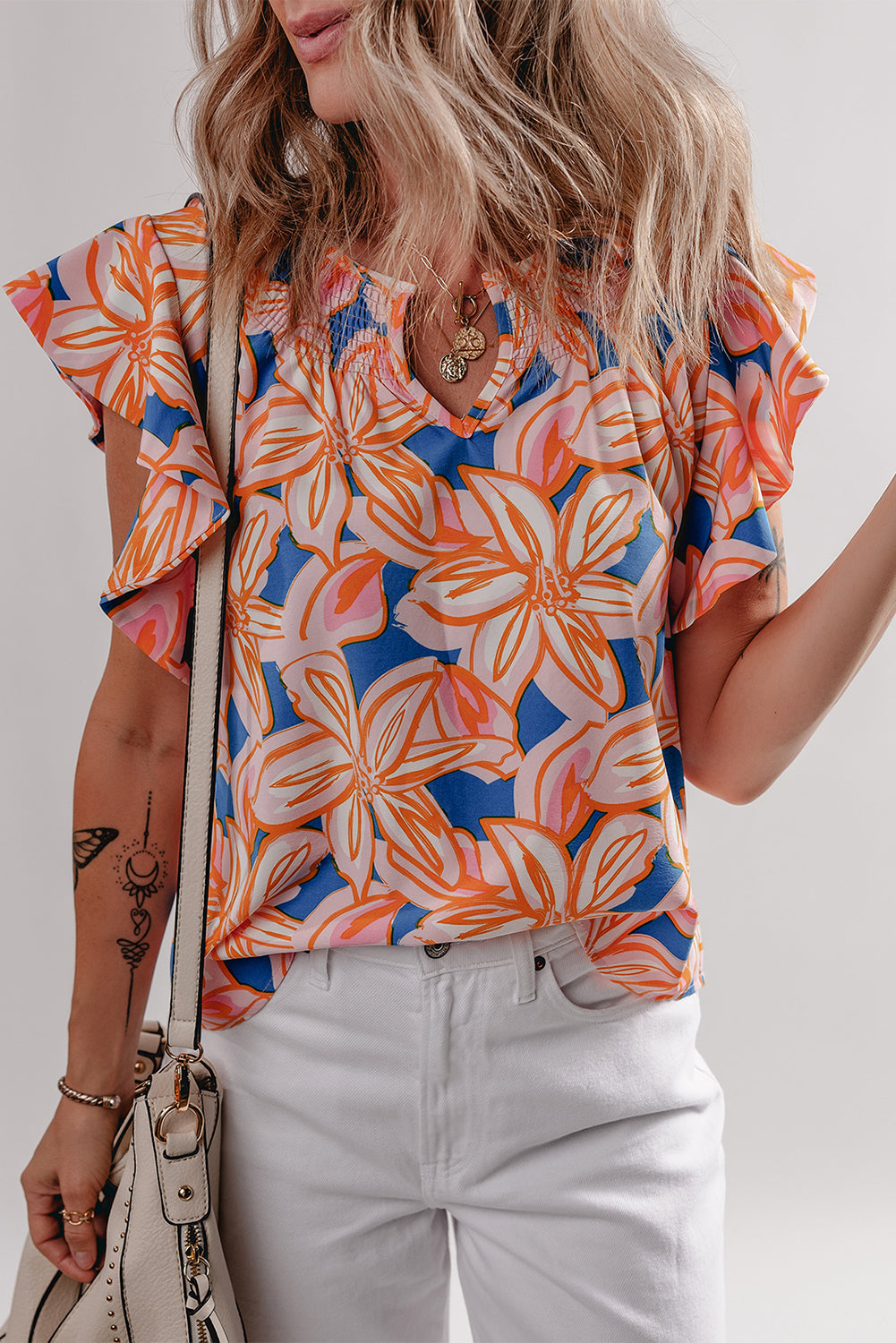 Orange Summer Flower Print Notched Neck Ruffle Sleeve Blouse eAura