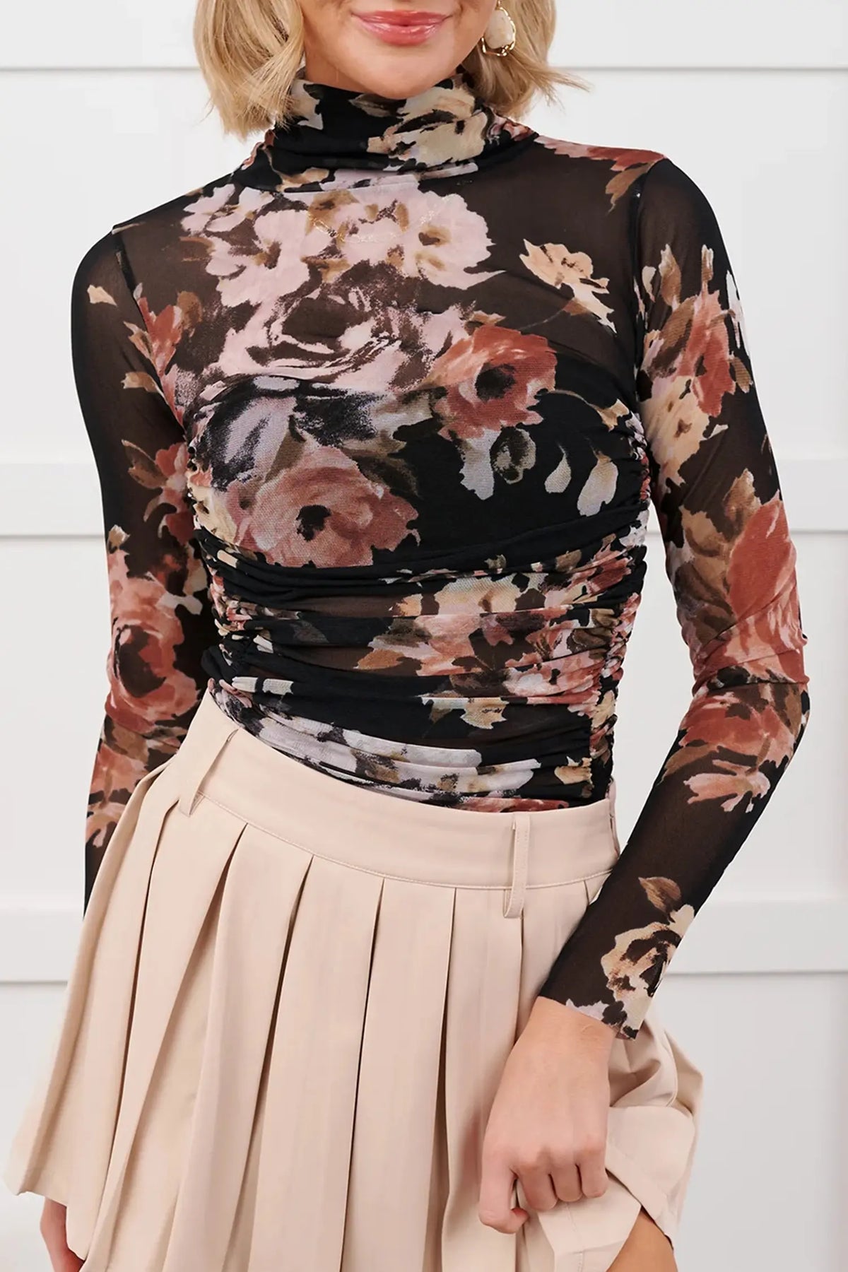 Floral Mesh Long Sleeve High Neck Bodysuit – Brown