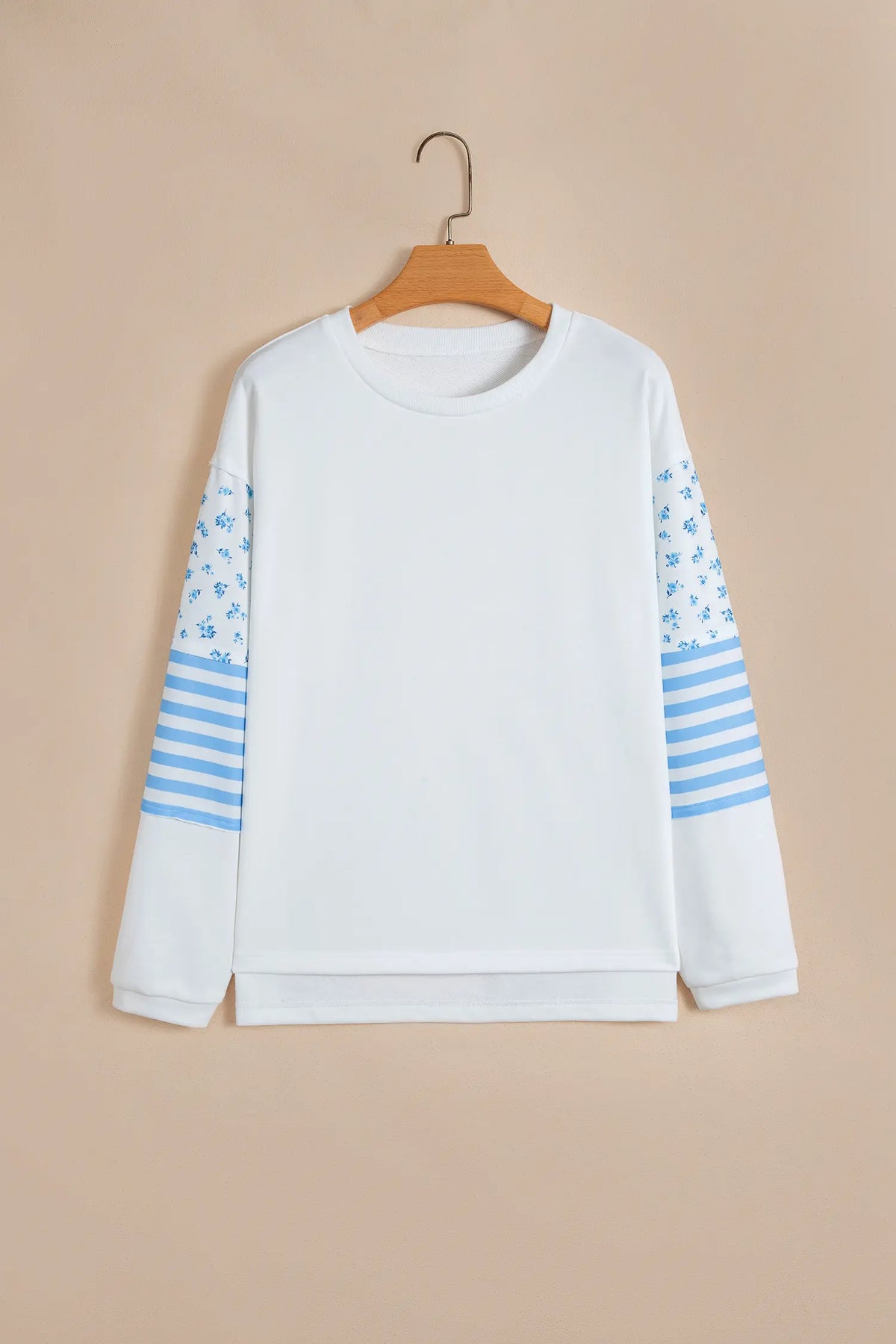 Floral Striped Long Sleeve Contrasted Pullover Top – Beige