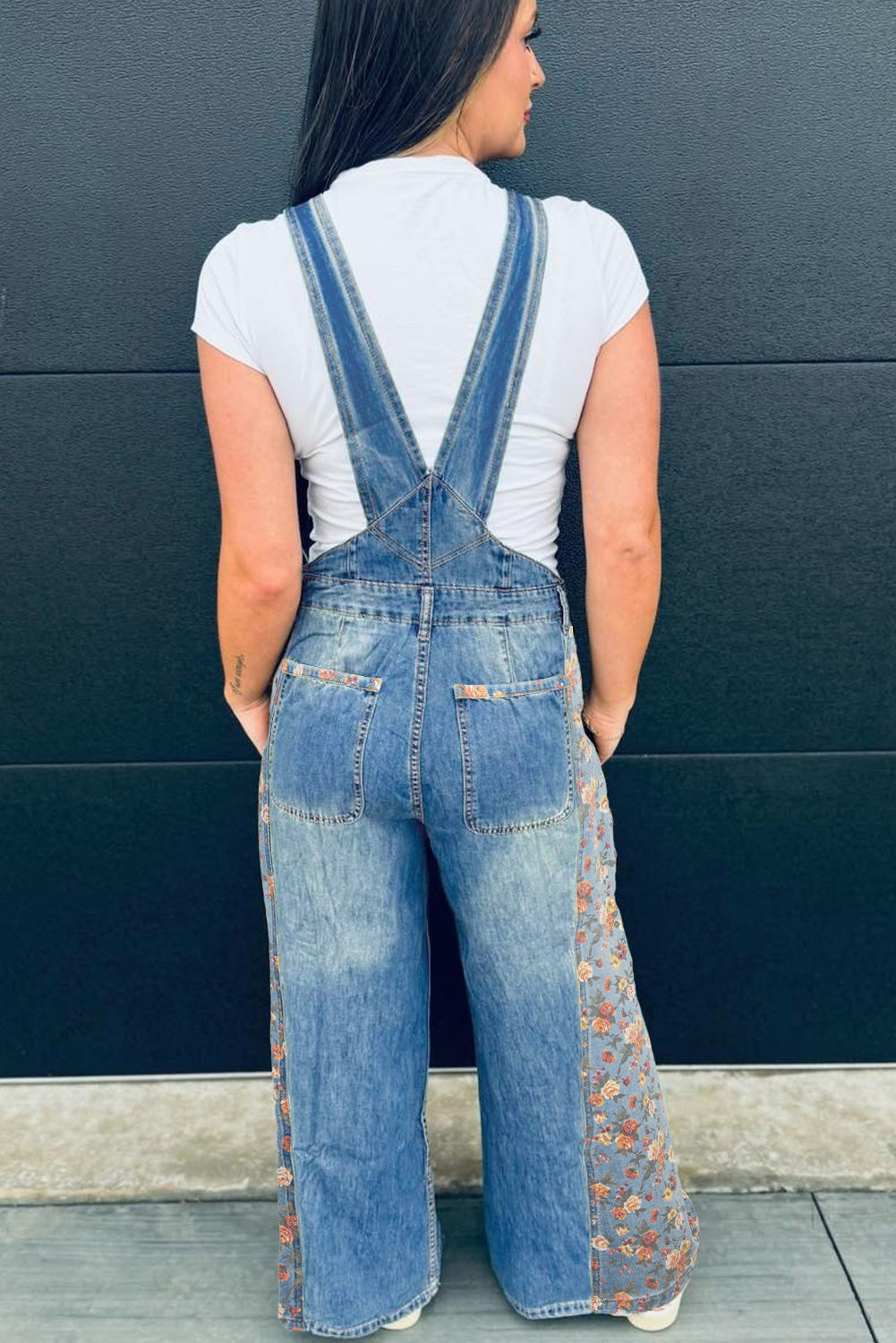 Floral Patchwork Bib Denim Wide Leg Overalls Dungarees