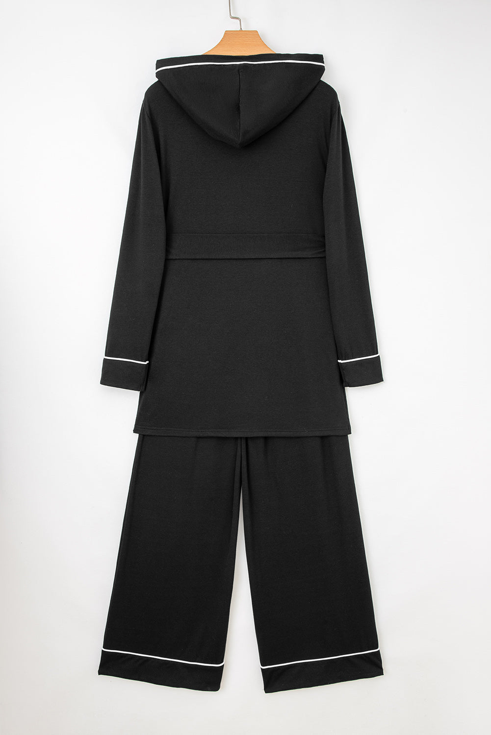 Black Contrast Trim Hooded Lounge Cardigan and Trousers Sleepwear Set - eAura