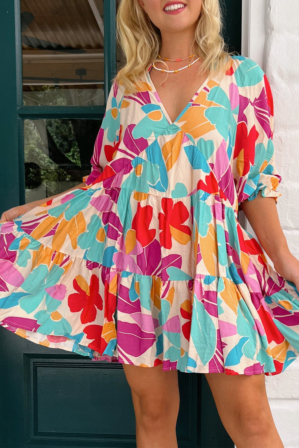 Rose Red Floral Bubble Sleeve V Neck Tiered Ruffle Babydoll Dress eAura