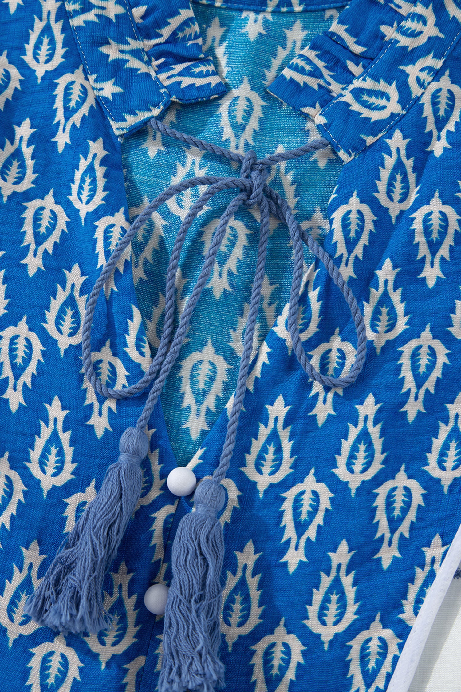 Sky Blue Boho Abstract Print Tassel Tie Maxi Dress