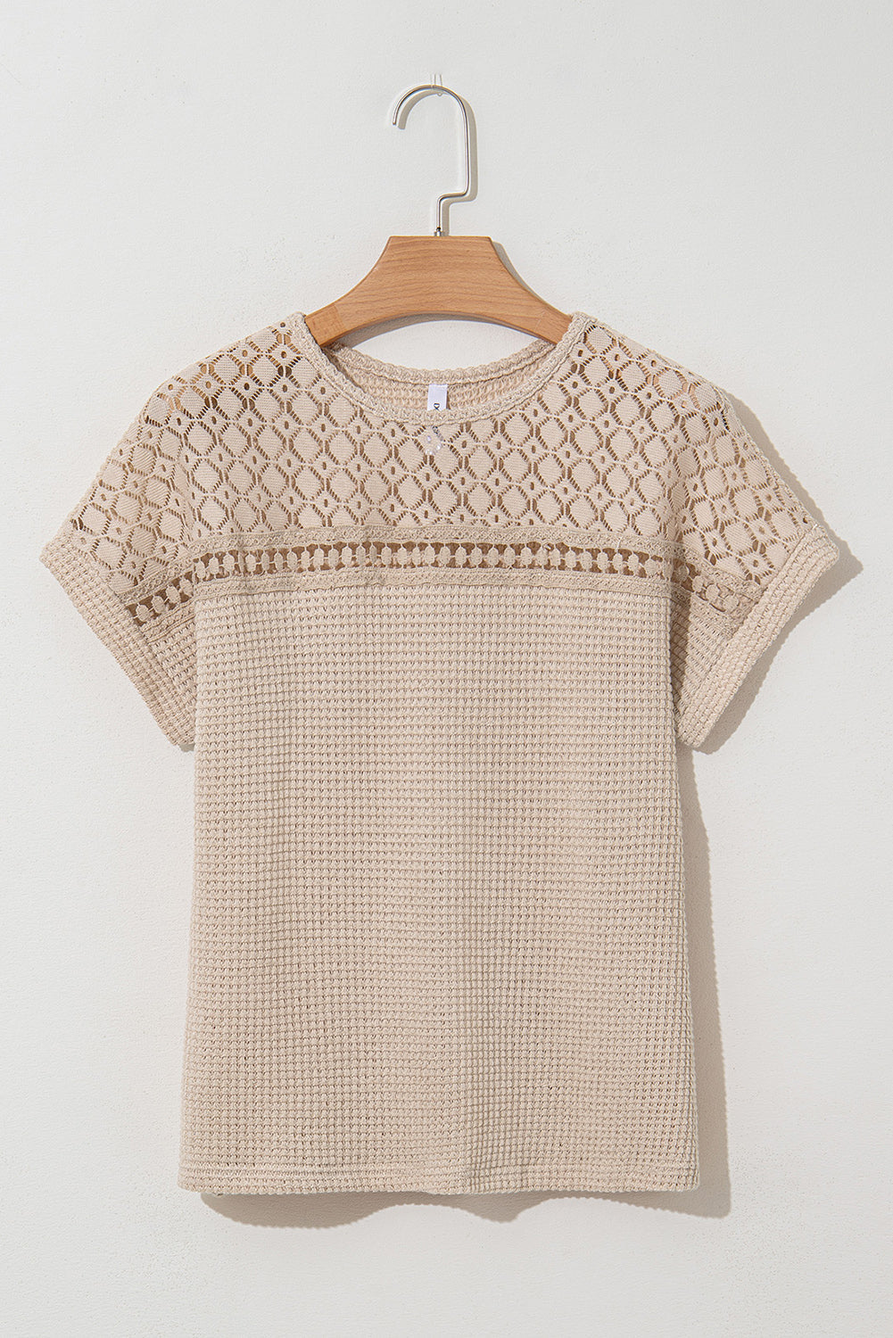 Oatmeal Lace Patchwork Waffle Short Sleeve Top eAura