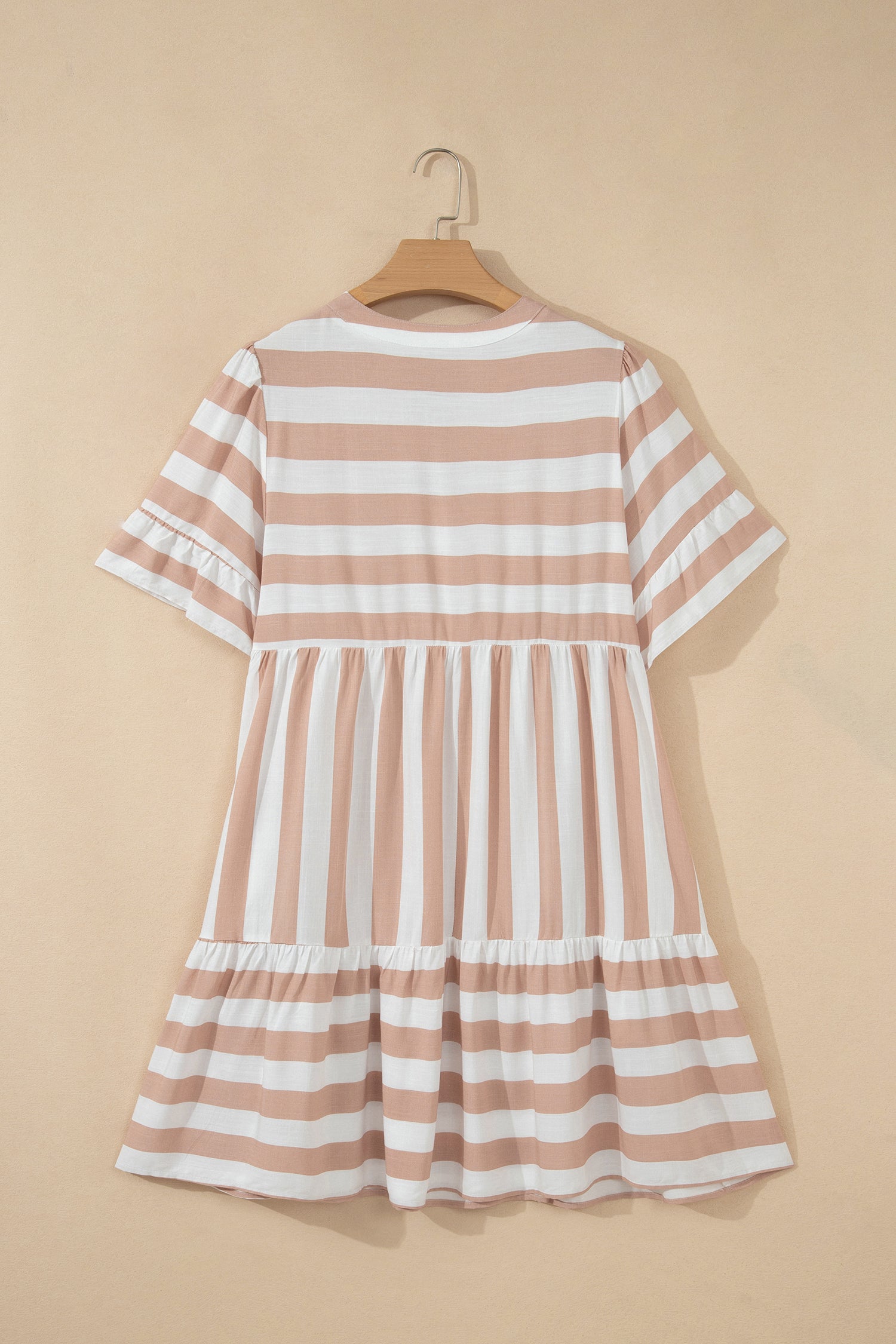 Khaki Stripe V Neck Ruffle Sleeve Flared Summer Dress