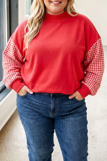 Patchwork Plaid Loose Fit Long Sleeve Plus Size Sweatshirt – Fiery Red