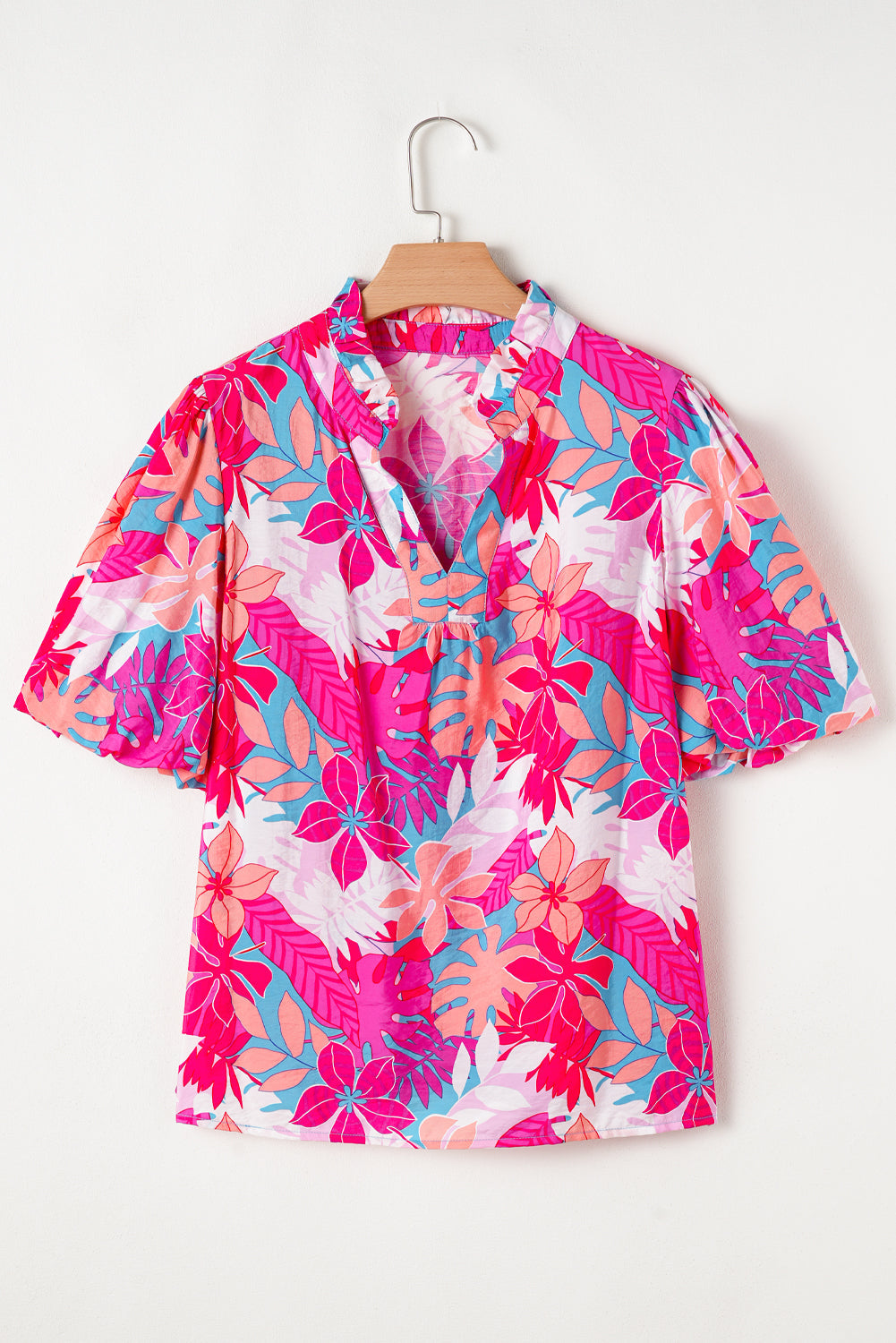 Rose Tropical Plant Printed V Neck Puff Sleeve Blouse eAura