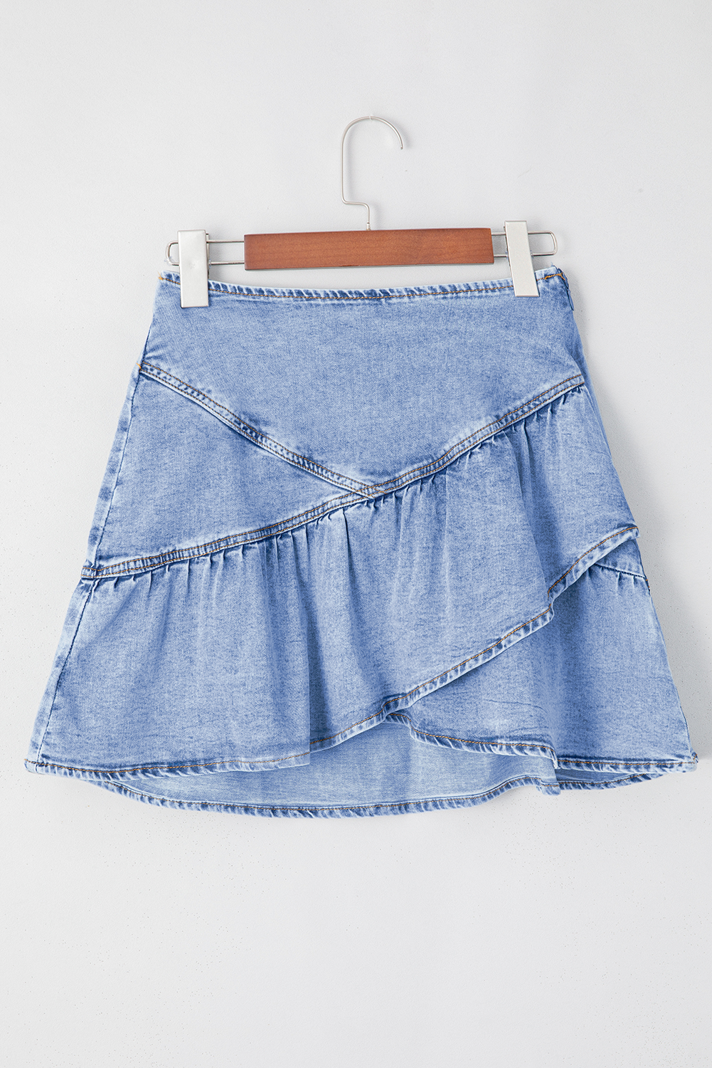 Beau Blue Asymmetric Ruffle Overlay Denim Mini Skirt eAura