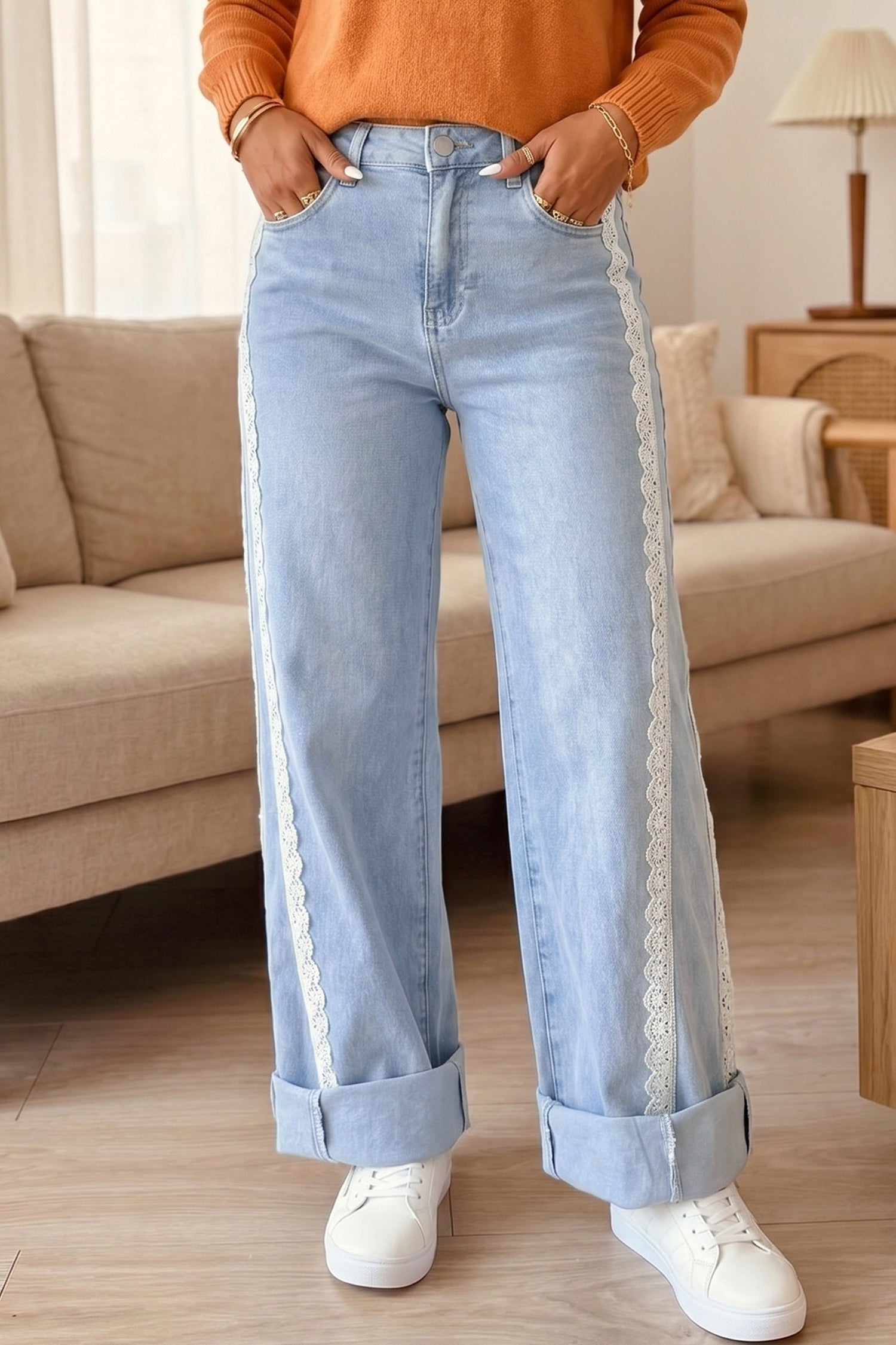 Beau Lace Trim Casual Full-Length Regular Fit Jeans – Blue