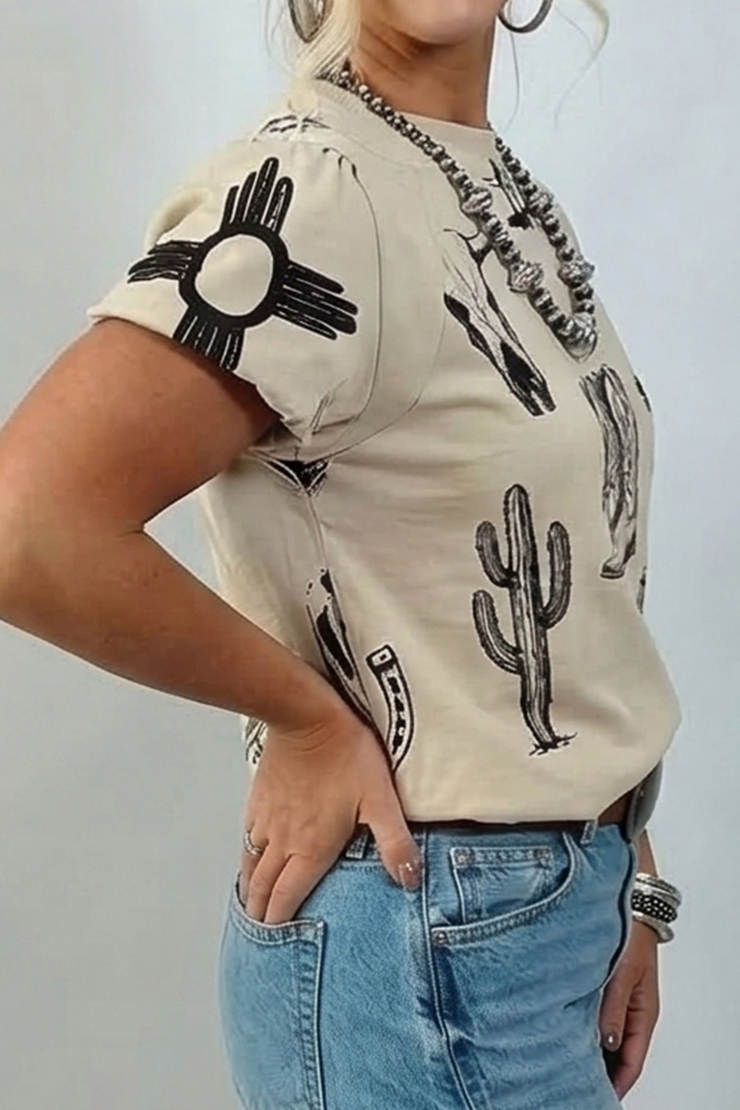 Retro Western Print T Shirt – Beige