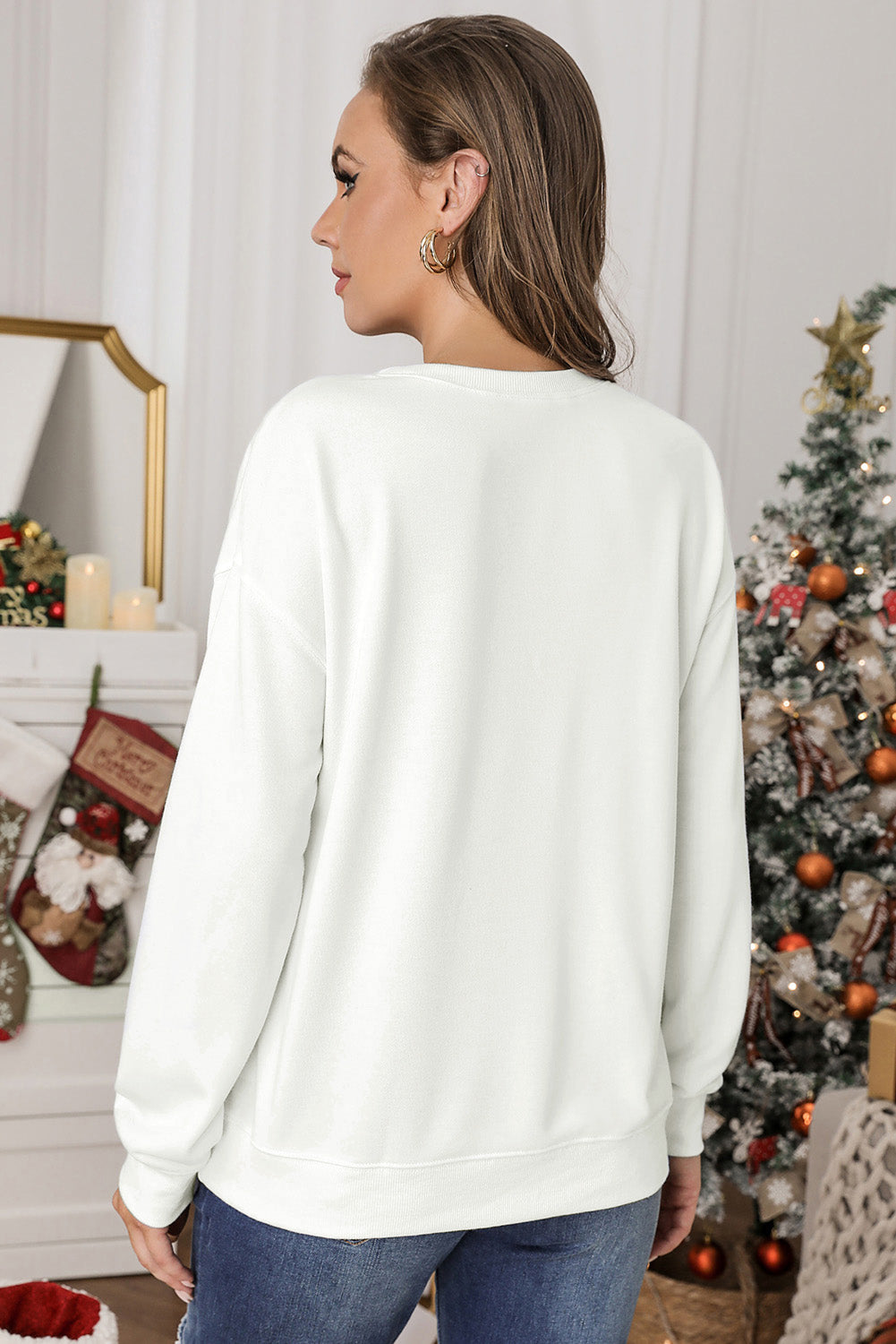 Beige Plain Crew Neck Pullover Sweatshirt eAura