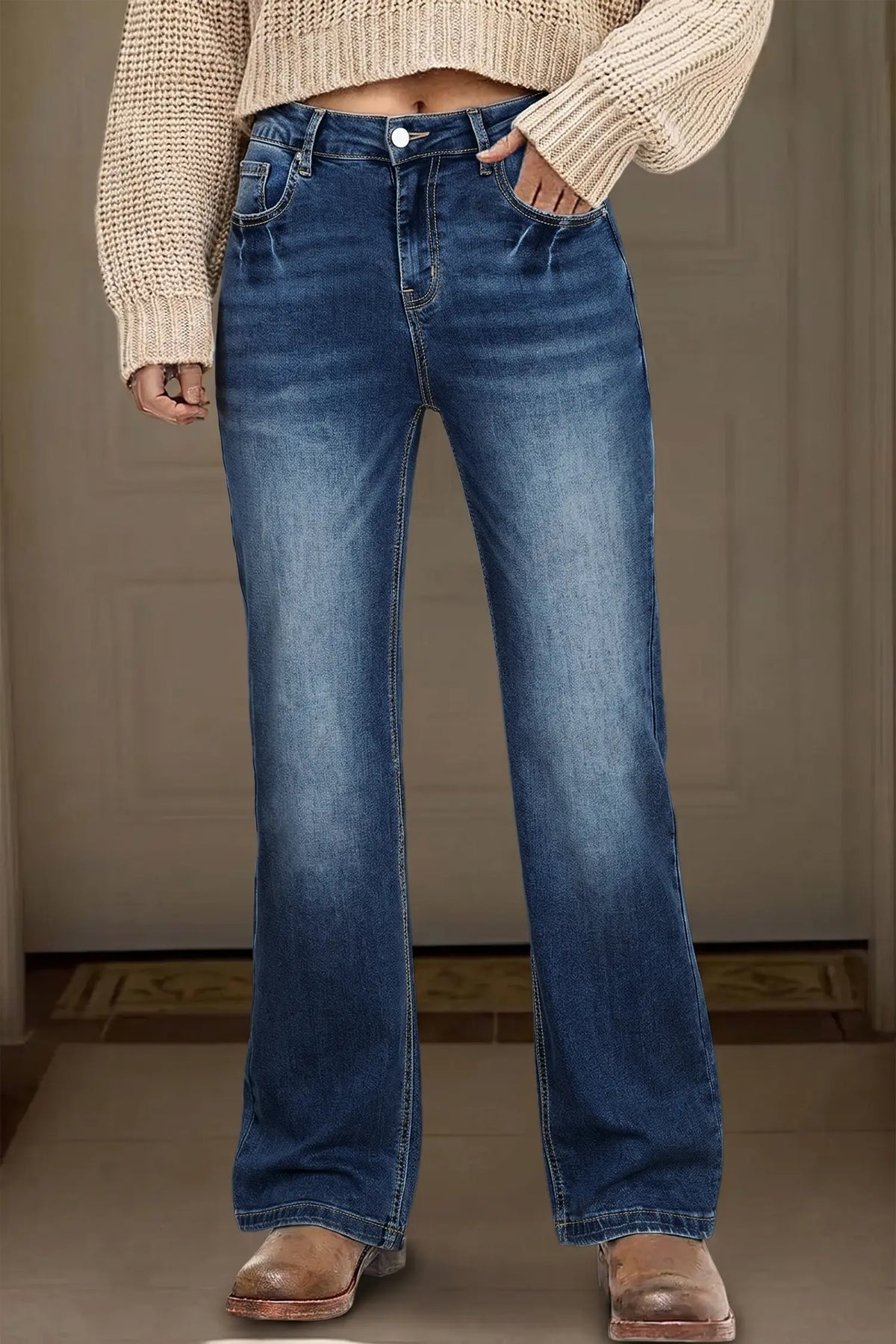 Blue Acid Washed Straight Leg Full Length Casual Jeans – Blue