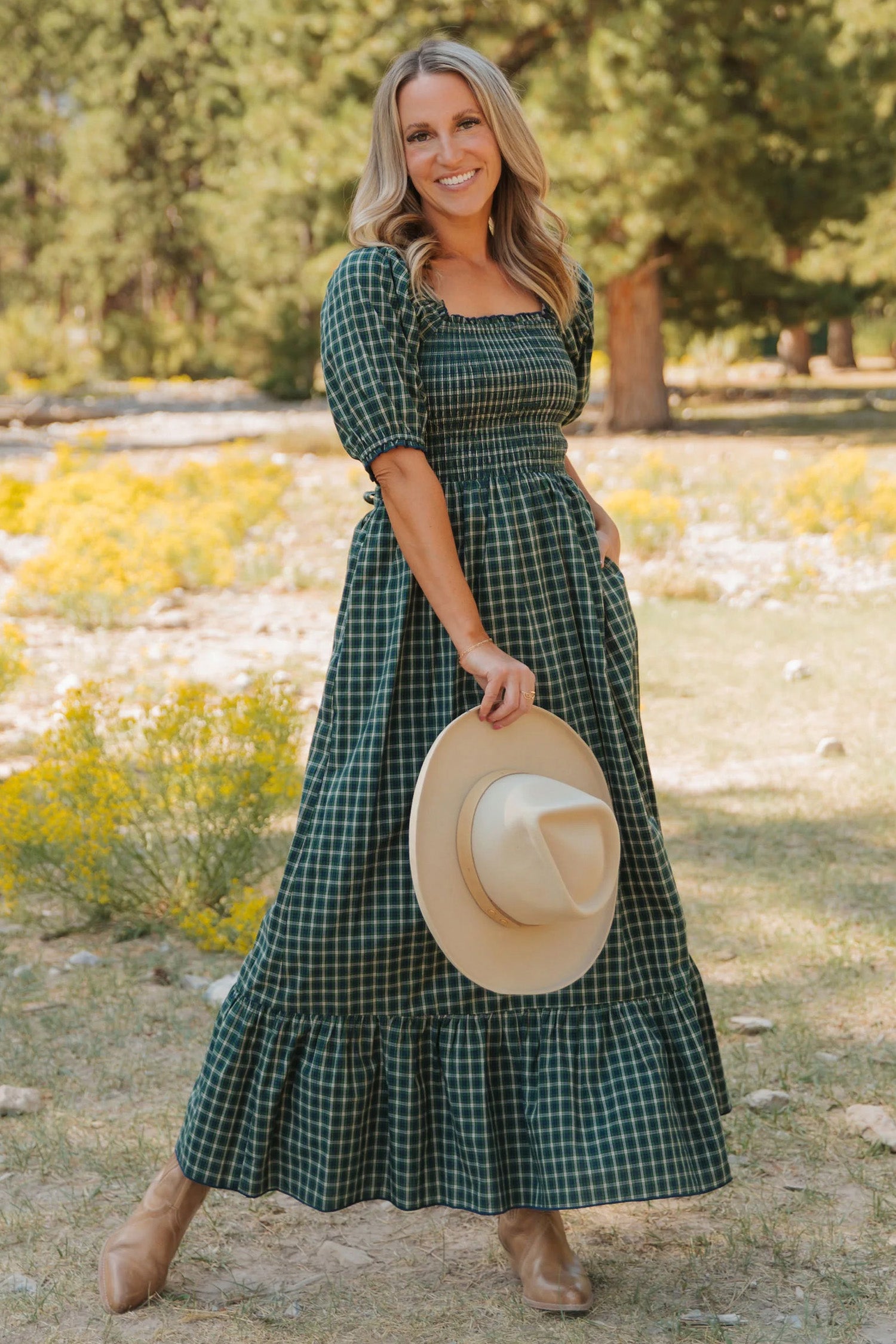 Plaid Square Neck Shirred High Waist Ruffle Hem Dress – Green