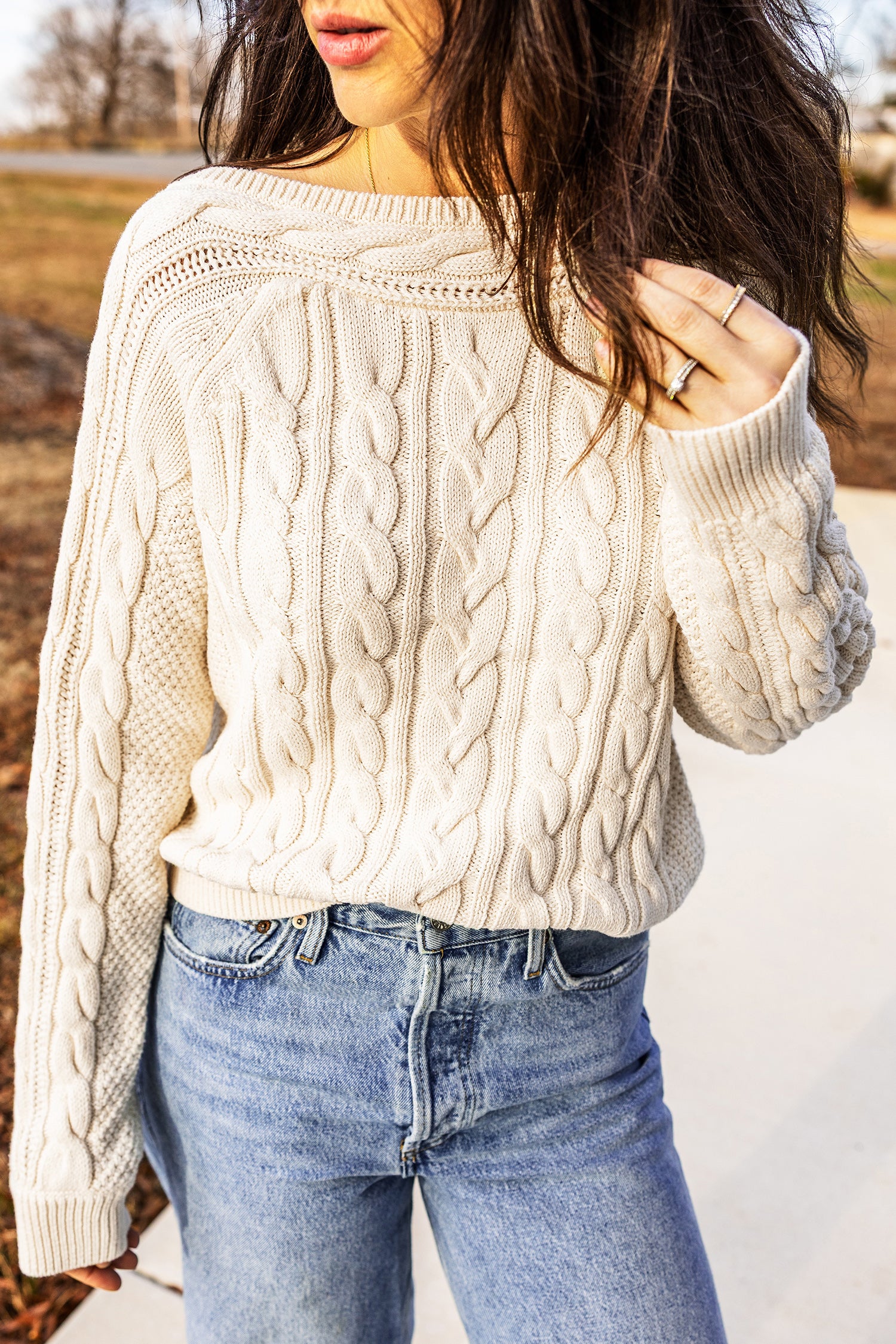 Drop Shoulder Round Neck Cable Knit Sweater – Beige