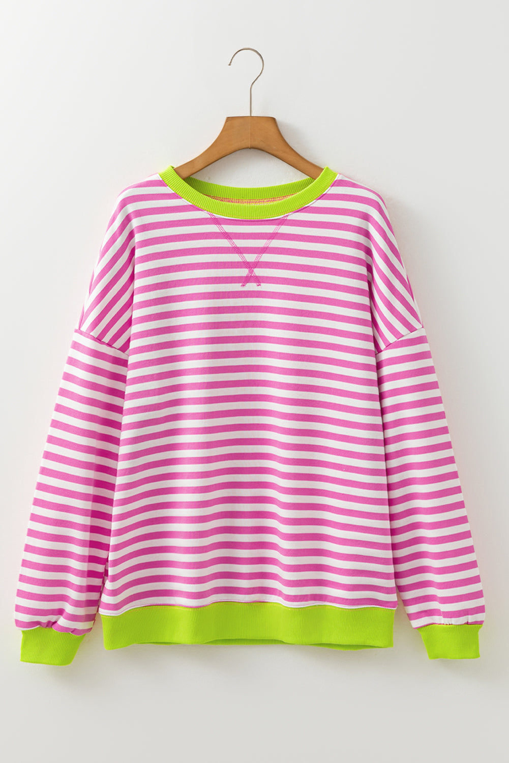 Striped Contrast Ribbed Trim Crossed Stitch Drop Shoulder Sweatshirt - eAura