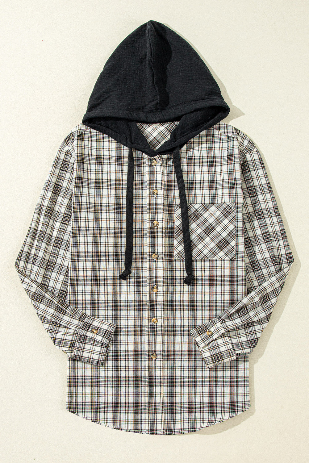 Black Checkered Print Loose Fit Buttoned Hooded Shacket eAura