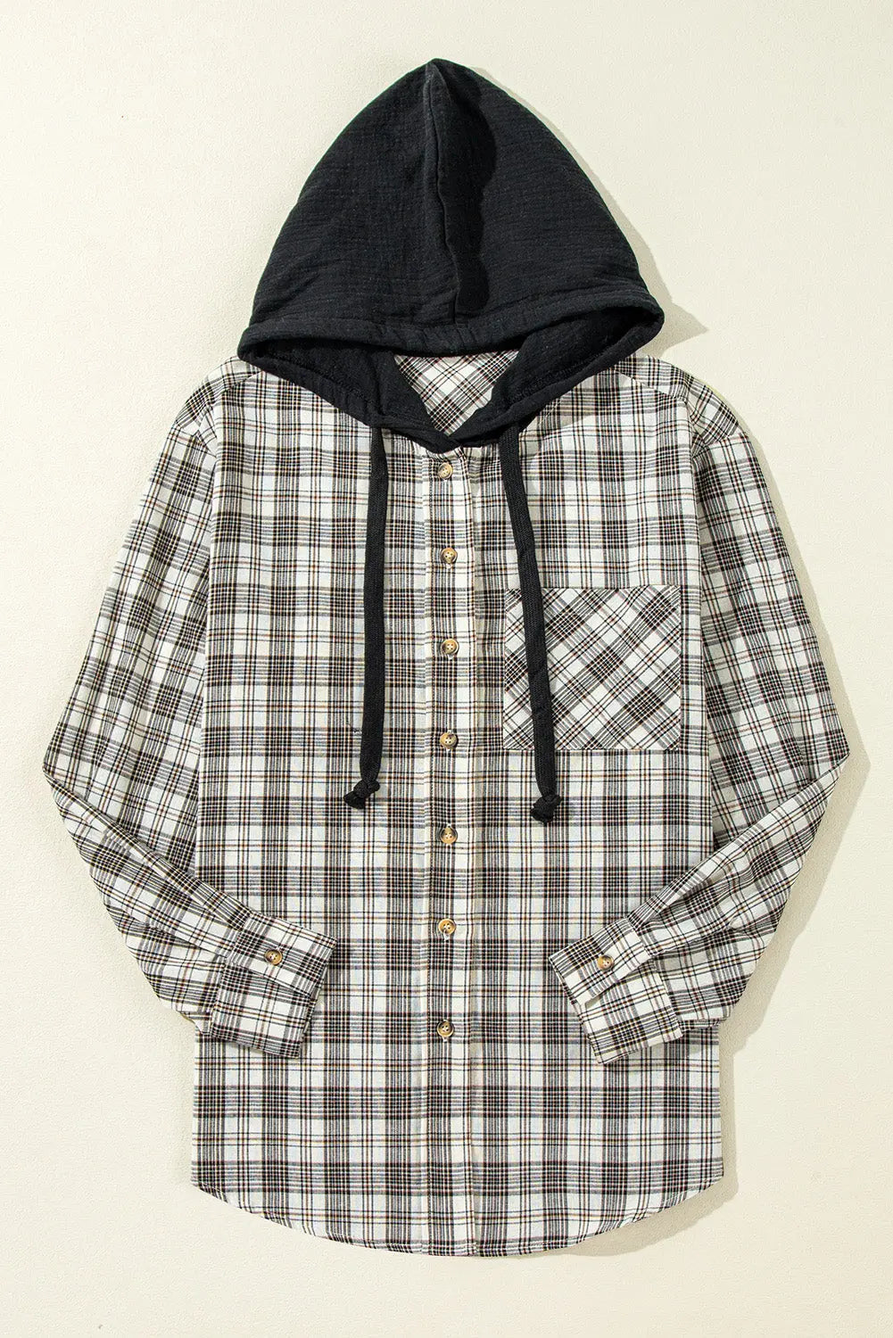 Checkered Print Loose Fit Buttoned Hoodie Shacket - Outerwear/Plaid Shackets