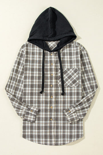 Checkered Print Loose Fit Buttoned Hoodie Shacket - Outerwear/Plaid Shackets