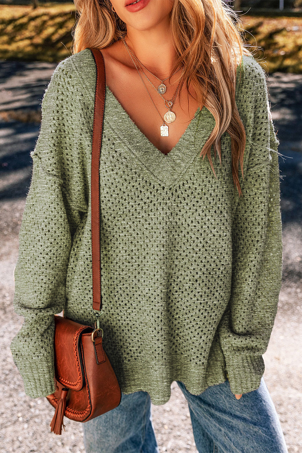 Jungle Green Loose Eyelet V Neck Drop Shoulder Sweater eAura