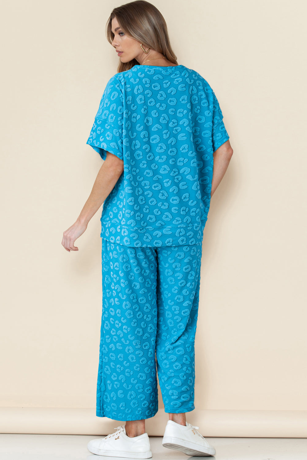 Blue Leopard Jacquard Short Sleeve Top and Wide Leg Trousers Set eAura