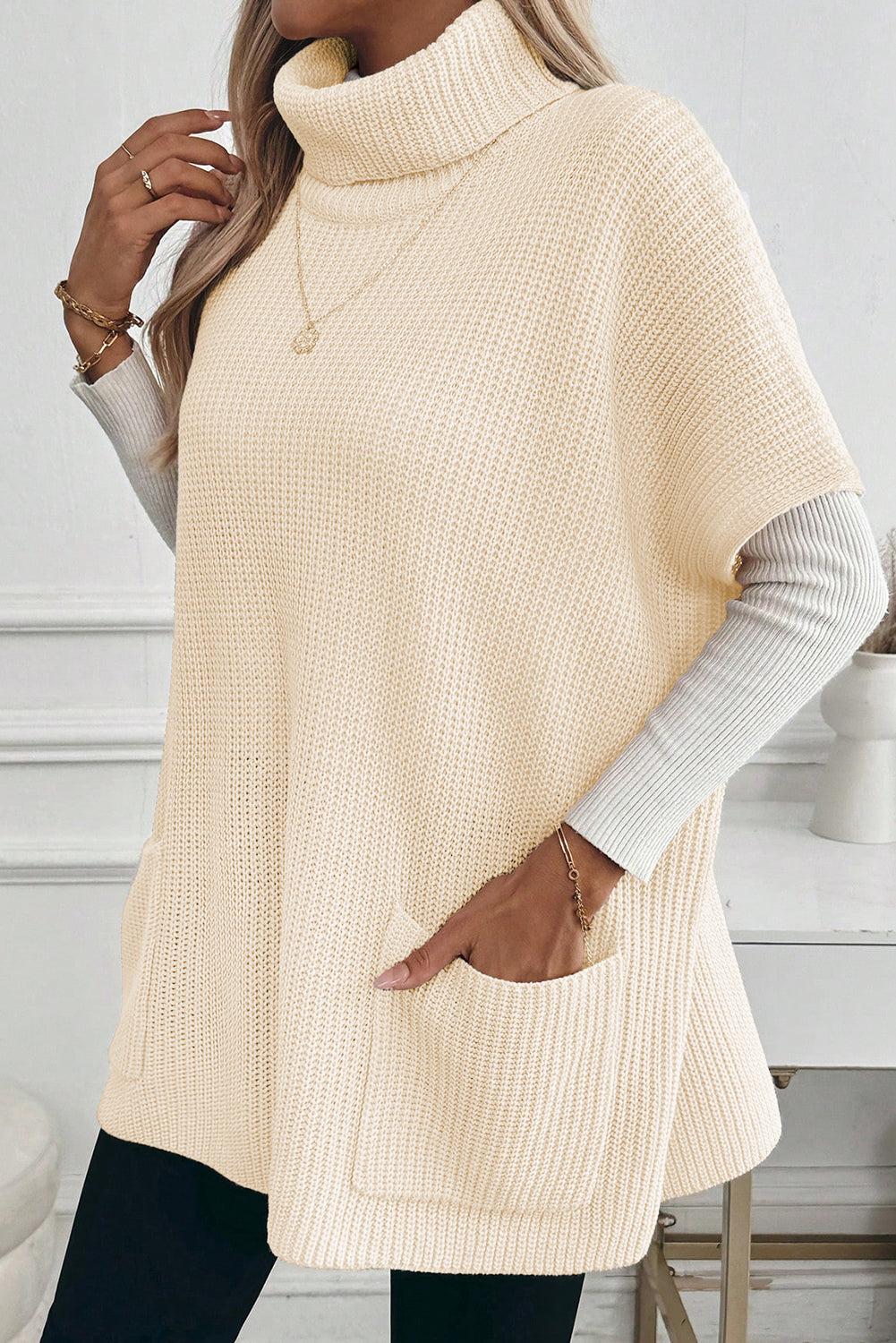 Plain Knit Casual Turtleneck Short Sleeve Tunic Sweater with Pockets - eAura