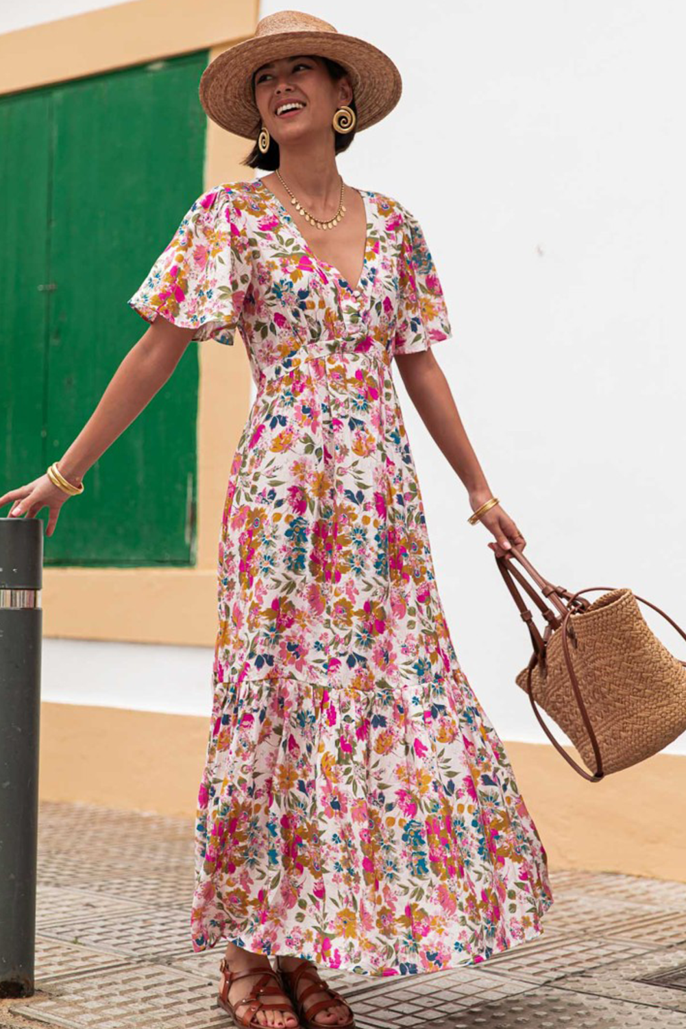 Red Floral Short Sleeve V Neck High Waist Maxi Dress eAura