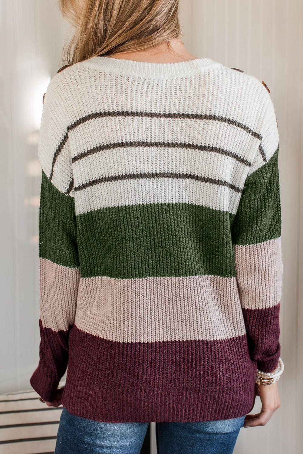 Green Colour Block Striped Buttoned Shoulder Split Sweater eAura
