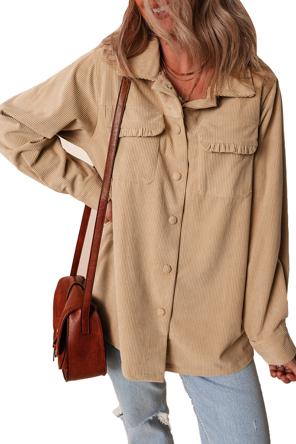 Light French Beige Solid Frilled Flap Pocket Button Up Corduroy Shacket Beagle Boutique Fashion Outlet