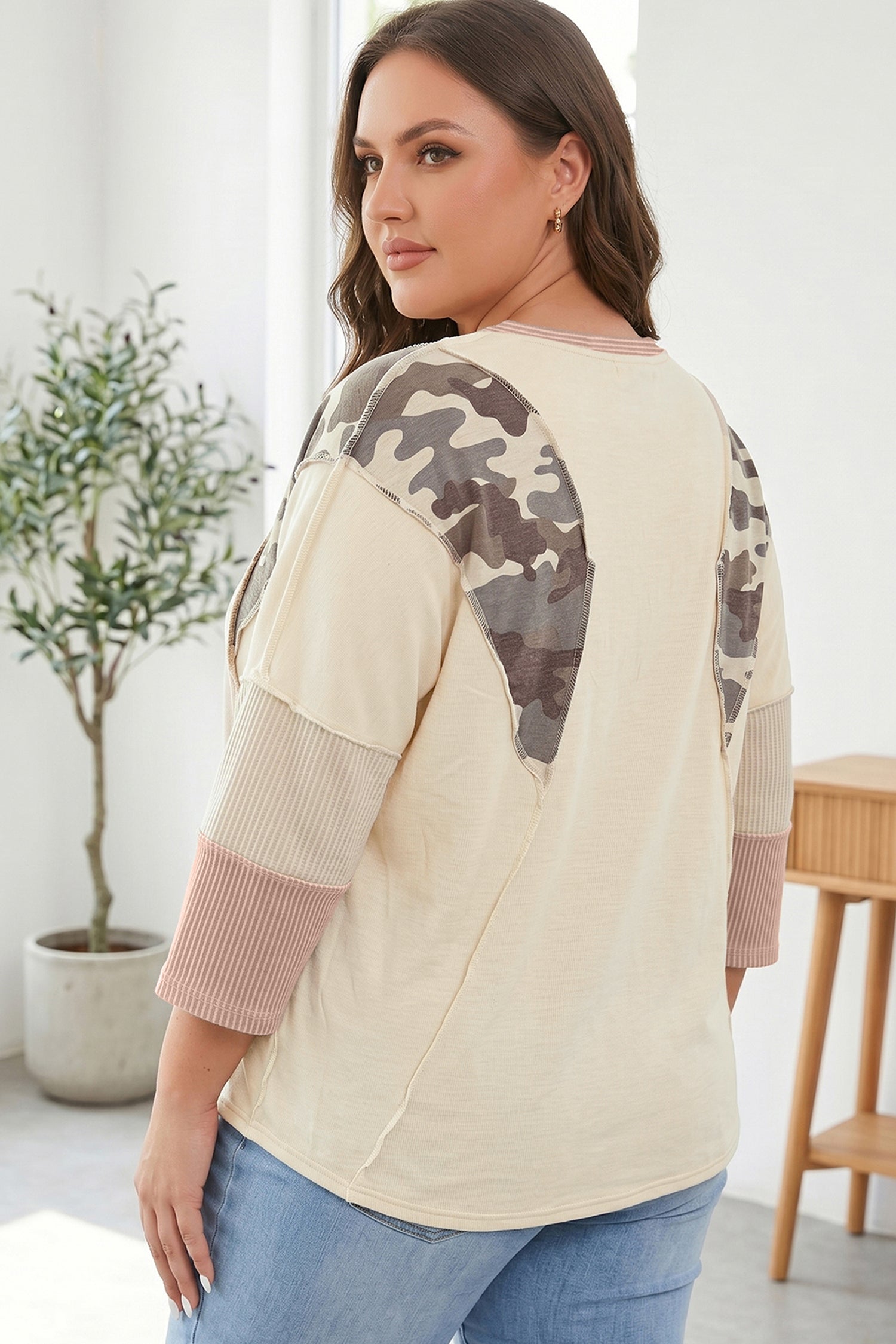 Apricot Camouflage Panel Twist Rib Sleeve Round Neck Loose Fit Plus Size Blouse – Beige