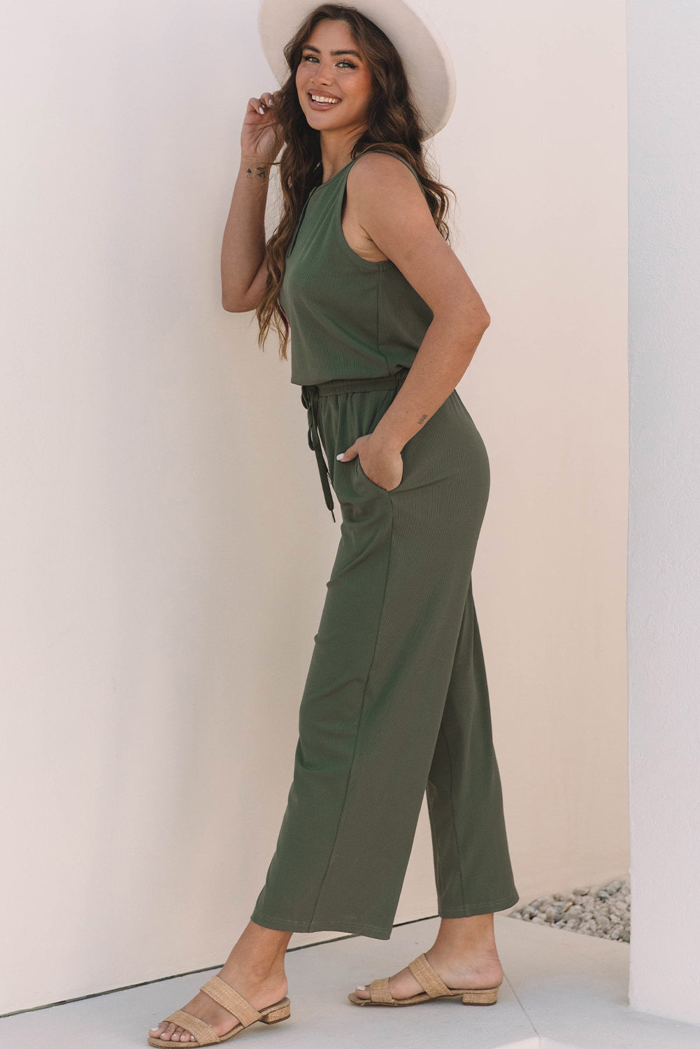 Vineyard Green Buttoned Drawstring Waist Sleeveless Wide Leg Jumpsuit eAura