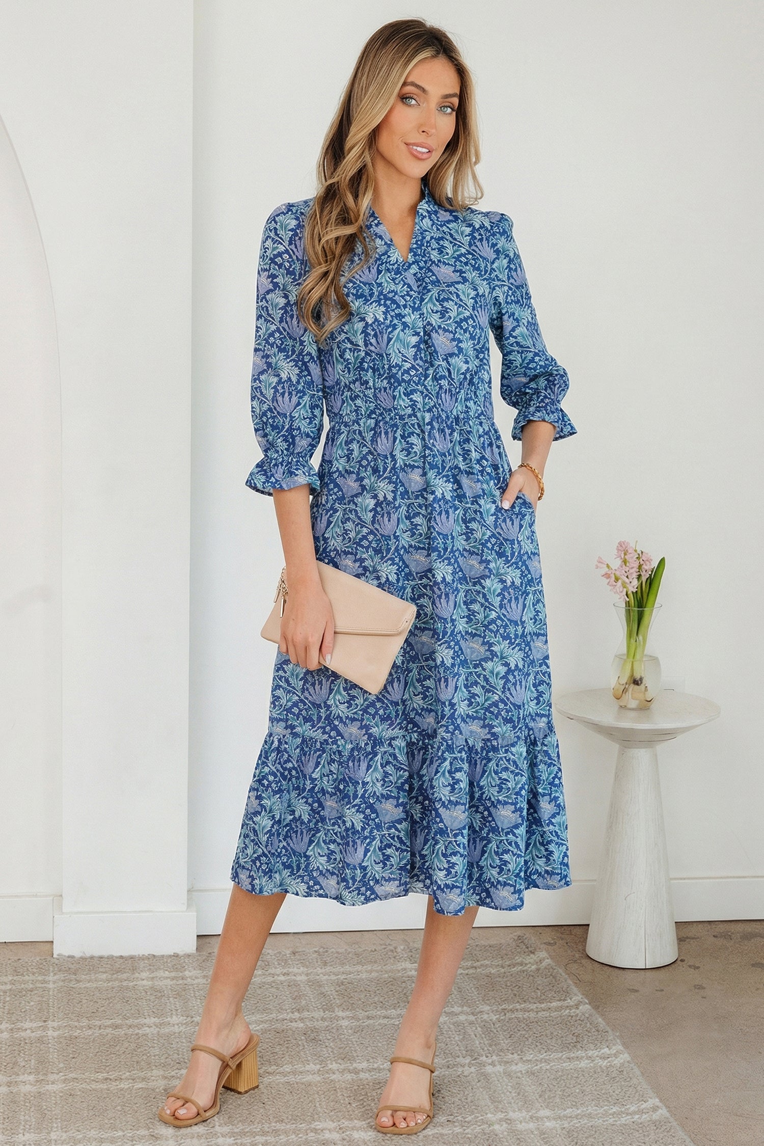 Floral Printed Frilled V-Neck Bracelet Sleeve Long Dress