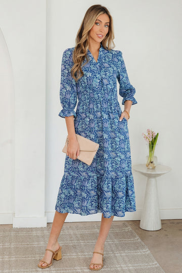 Floral Printed Frilled V-Neck Bracelet Sleeve Long Dress