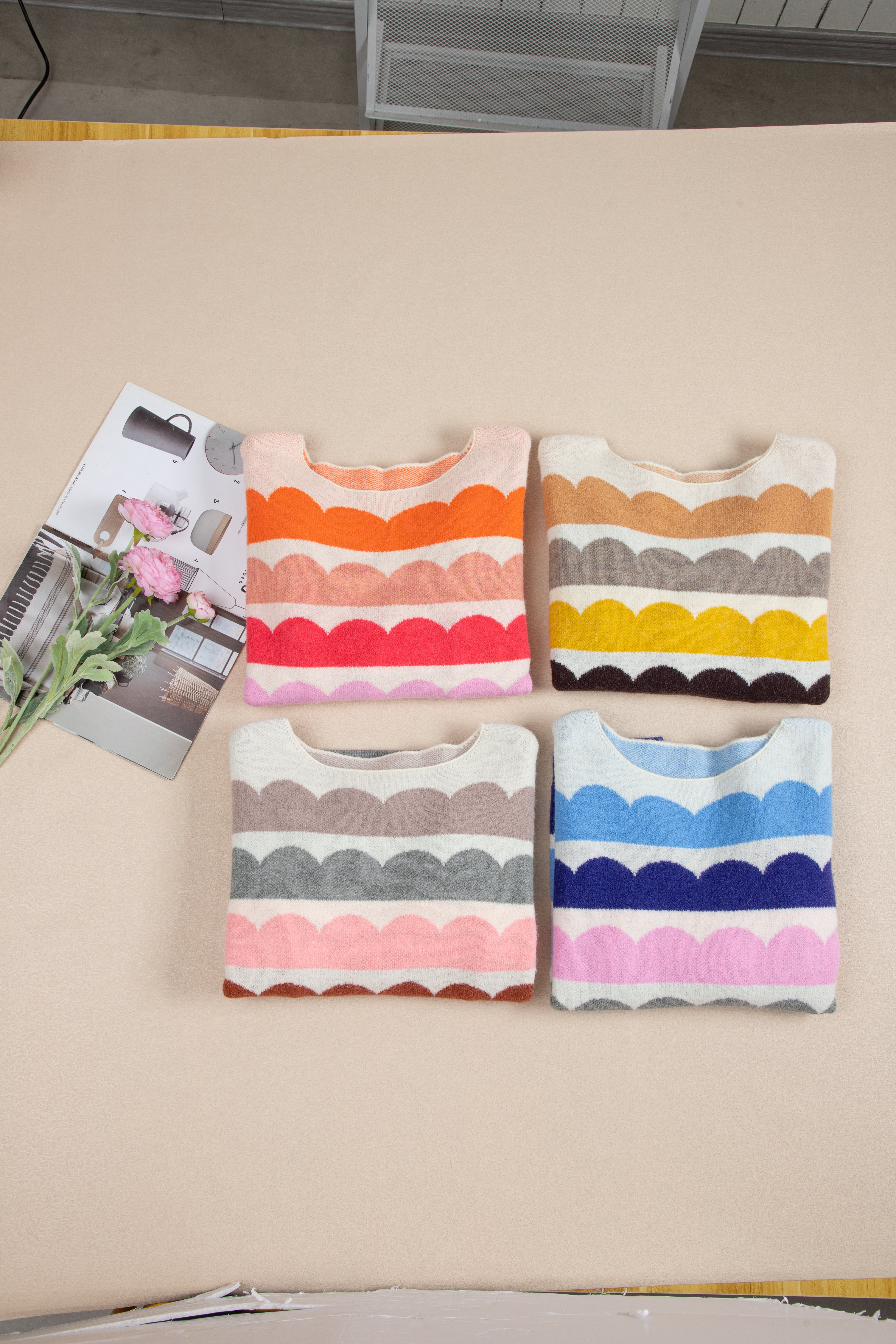 Dark Blue Wave Striped Balloon Sleeve Drop Shoulder Sweater - eAura