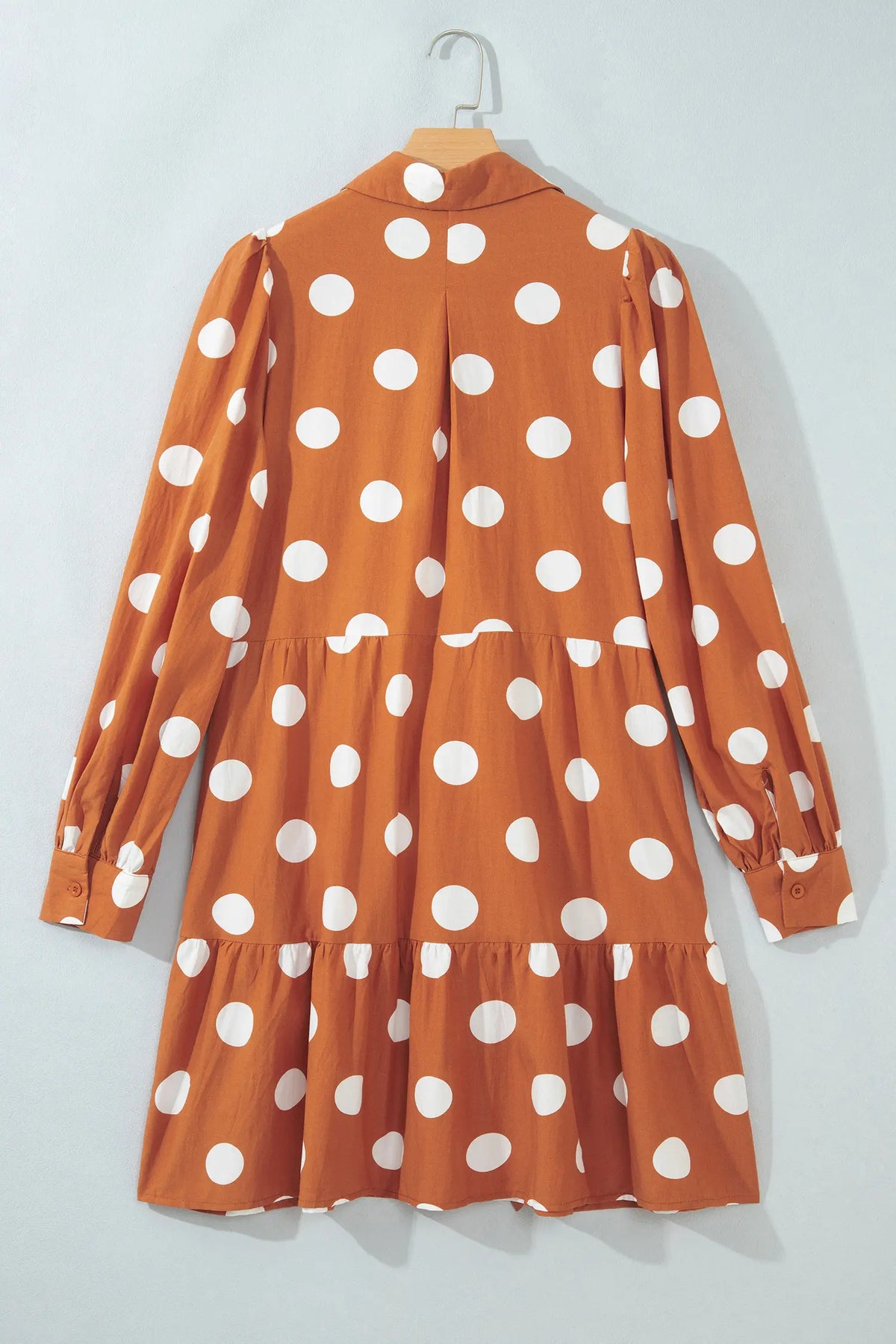Polka Dot Long Sleeve Tie Waist Casual Shift Mini Dress – Brown