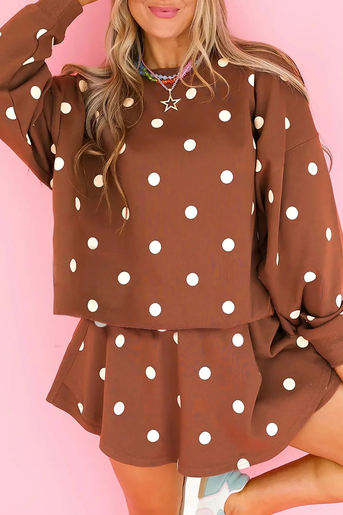 Brown Polka Dot Raw Hem Relaxed Pullover Loose Skort Two Piece Set
