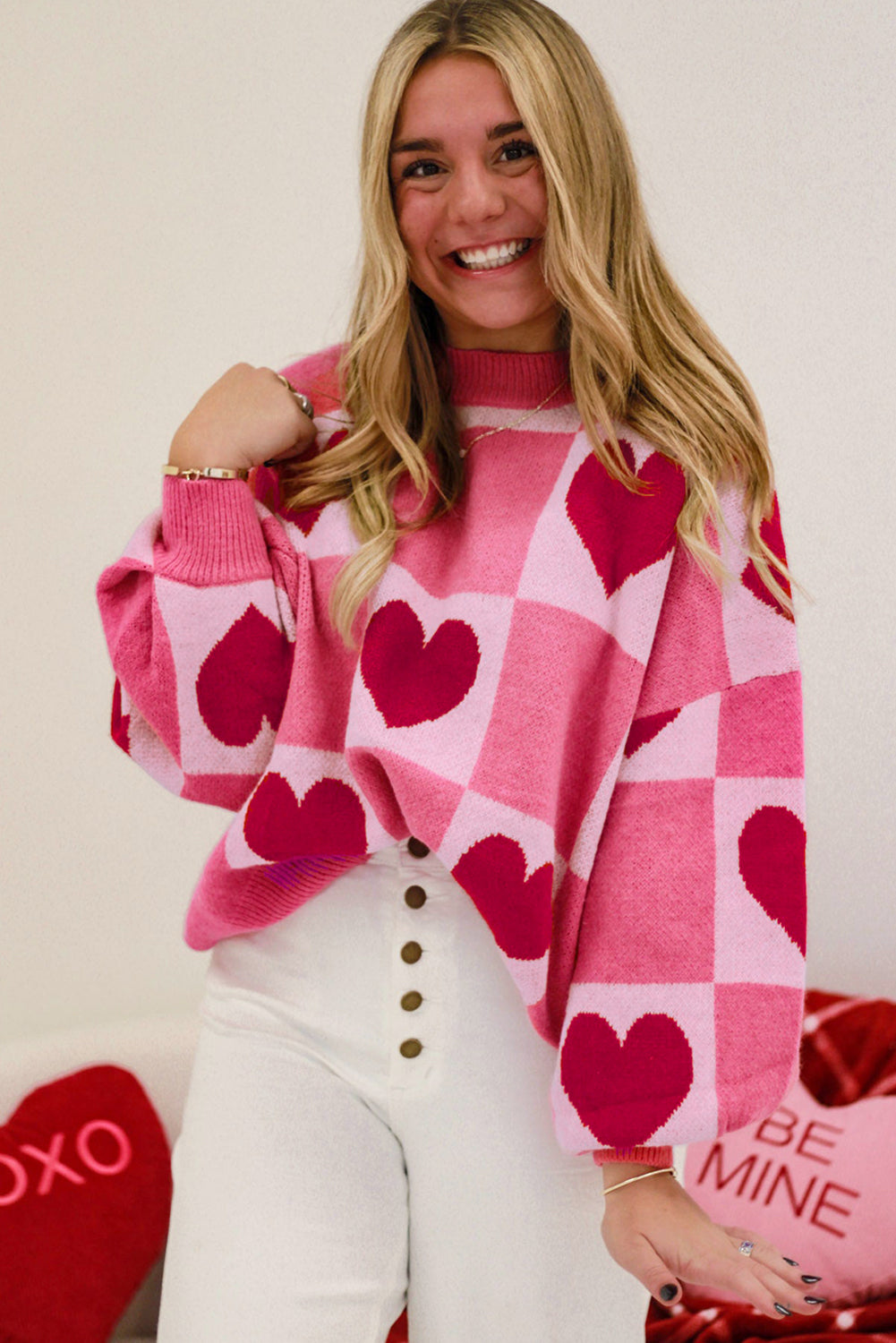 Pink Love Heart Checkered Valentine Crew Neck Sweater eAura