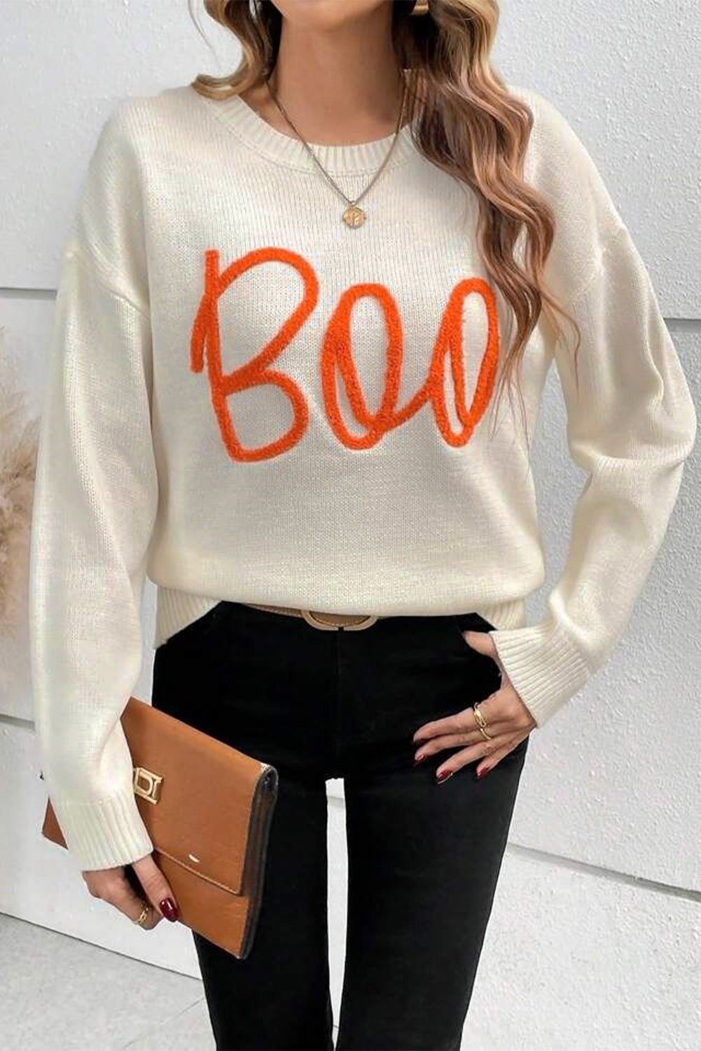Black Boo Knitted Pattern Ribbed Edge Drop Shoulder Sweater eAura