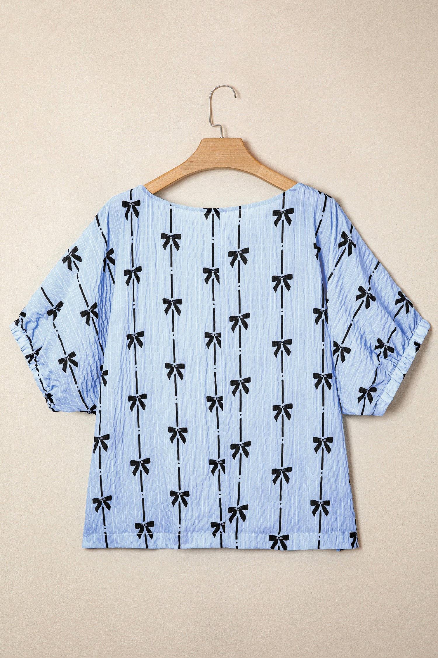 Bow Print Puff Short Sleeve Textured Top