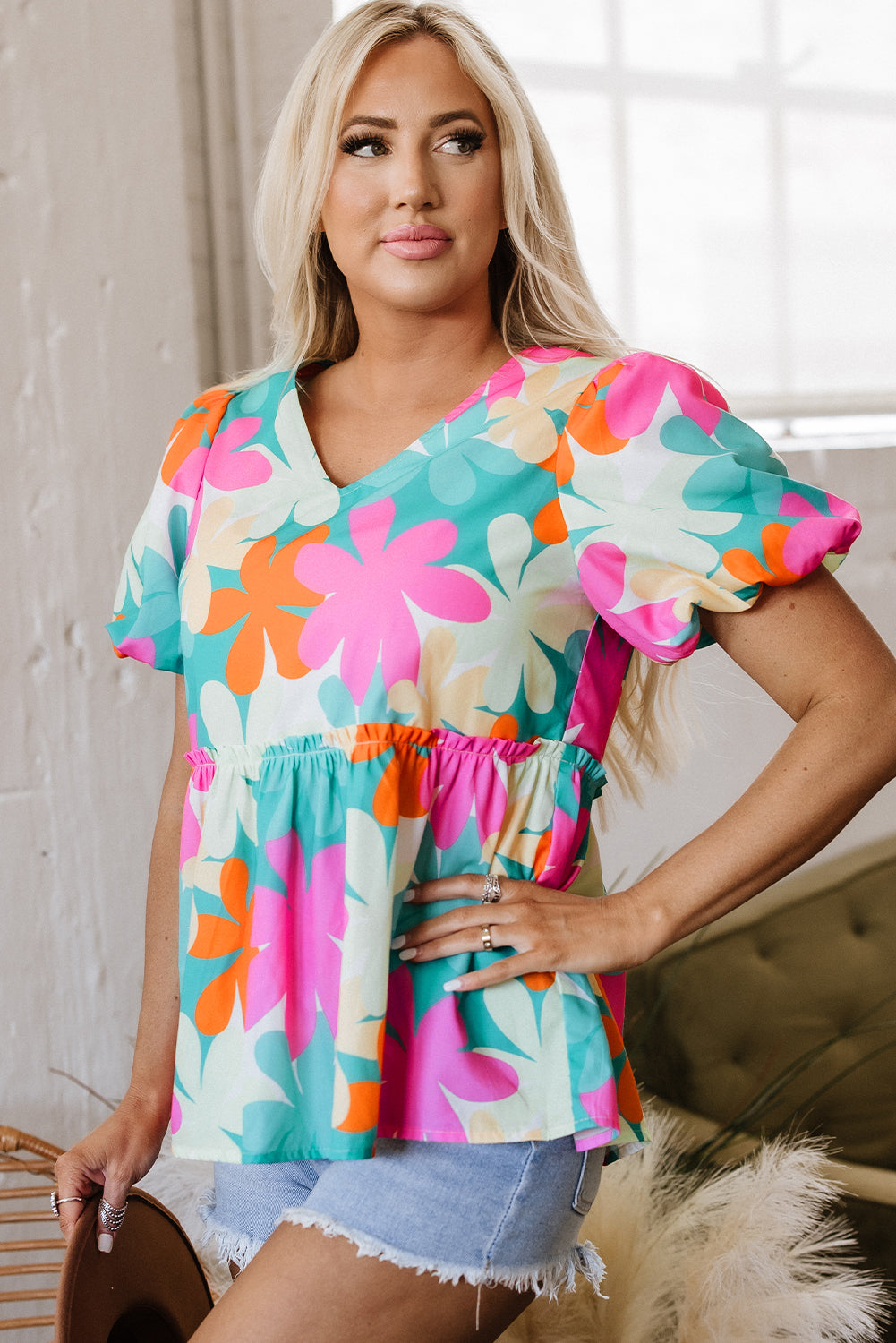 Pink Floral Print Bubble Sleeve V Neck Peplum Blouse eAura