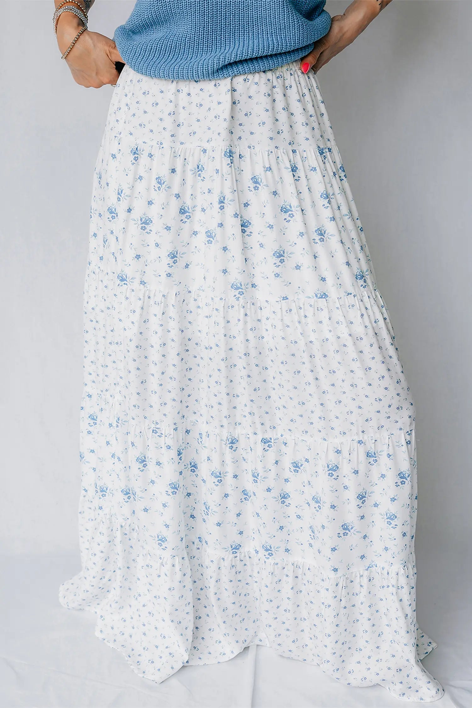 High Waist Tiny Floral Print Boho Maxi Skirt – Sky Blue