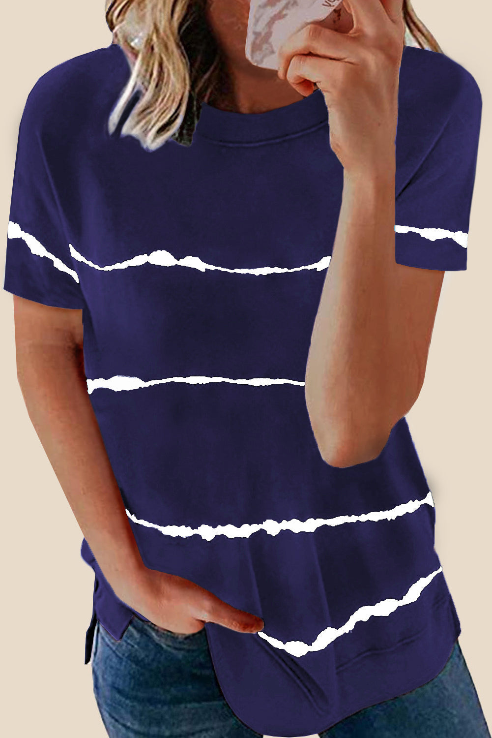 Blue Tie-dye Stripe Casual T-Shirt eAura