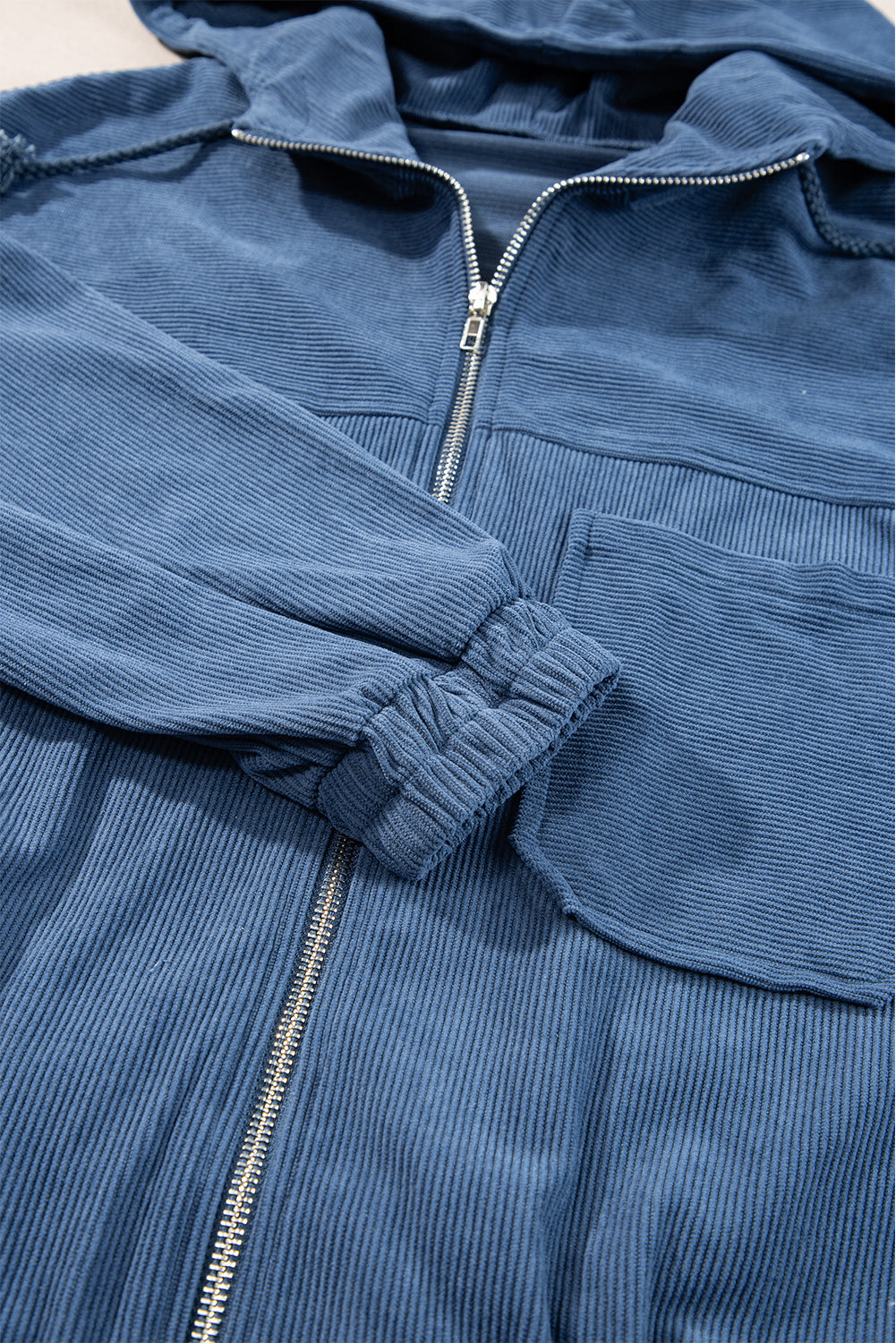Real Teal Corduroy Drawstring Hooded Pocket Zip Up Jacket eAura