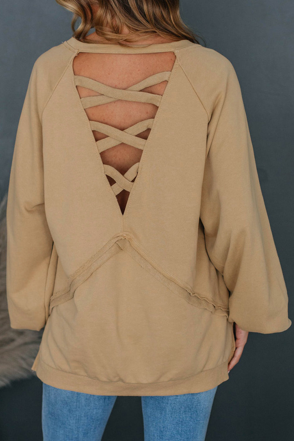 Light French Beige Solid Colour Lattice Hollow Out Back Sweatshirt eAura