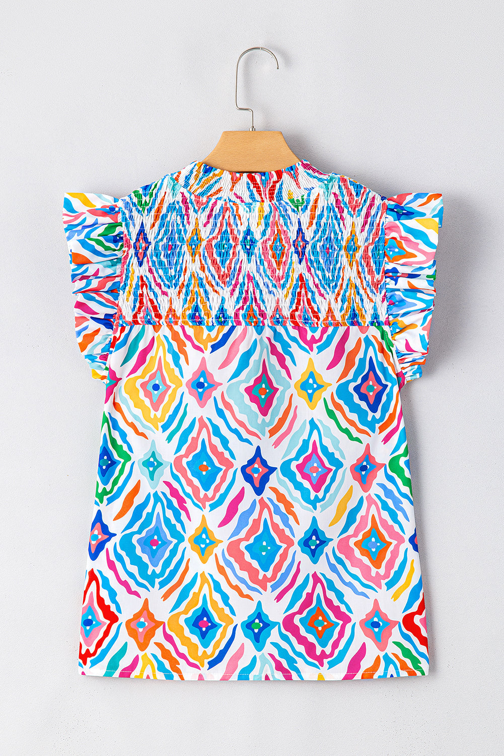 Light Blue Geometric Printed Flutter Sleeve Mock Neck Shirred Blouse eAura