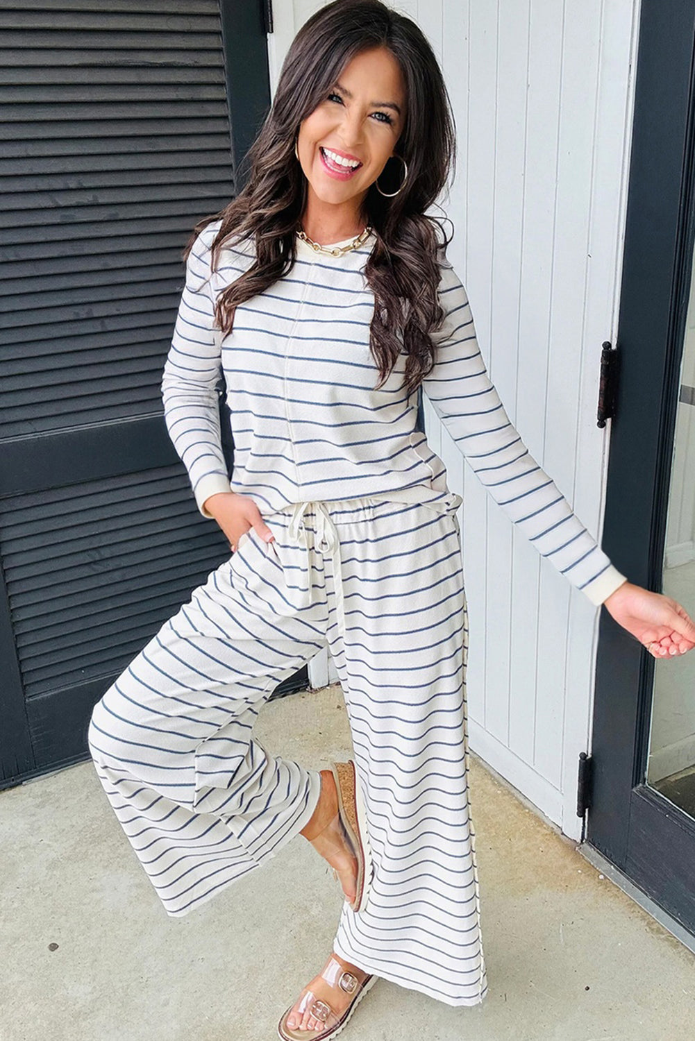 Sail Blue Striped Long Sleeve Top Drawstring Wide Leg Pants 2pcs Outfit Dear-Lover Dropshipping