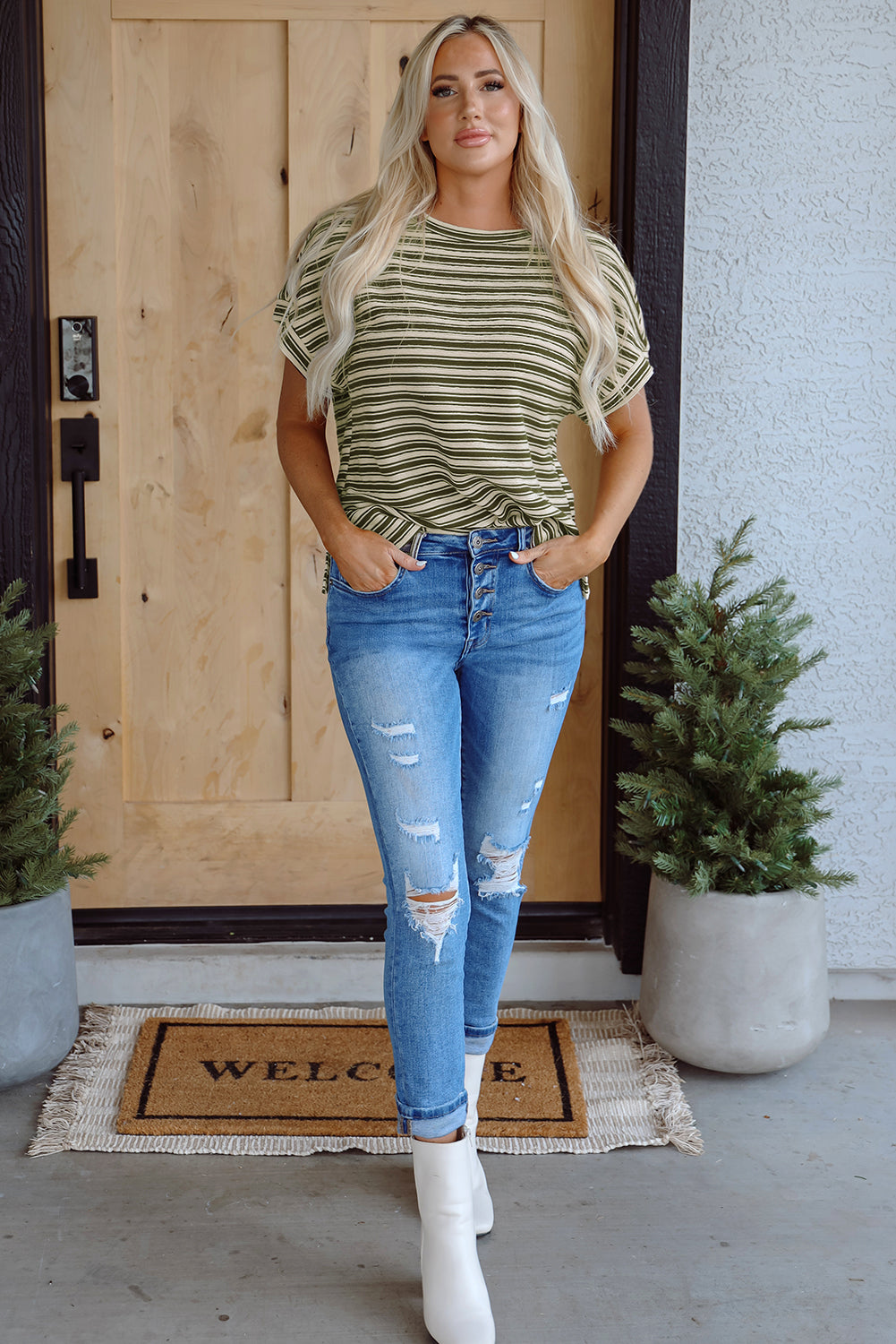 Green Stripe Textured Side Slits Crew Neck T Shirt - eAura