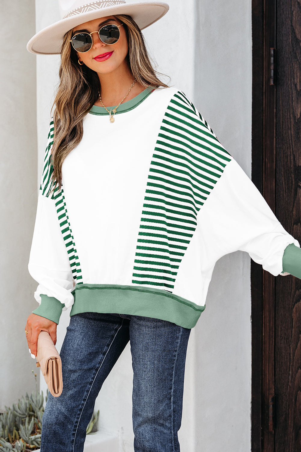 Striped Contrast Stitching Oversized Sweatshirt - eAura