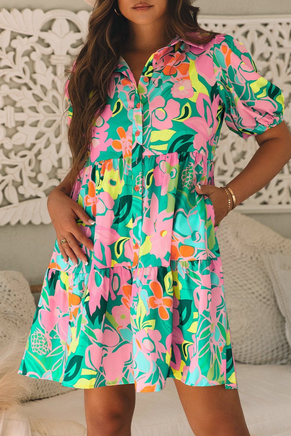 Green Floral Puff Sleeve Collar Buttoned Babydoll Dress eAura