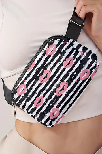 Vintage Stripe & Kiss Lips Print Crossbody Bag