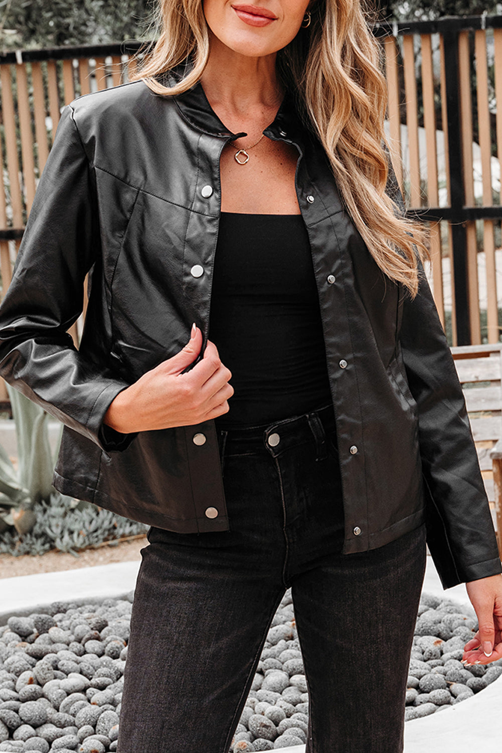 Black Faux Leather Buttoned Front Boxy Jacket eAura